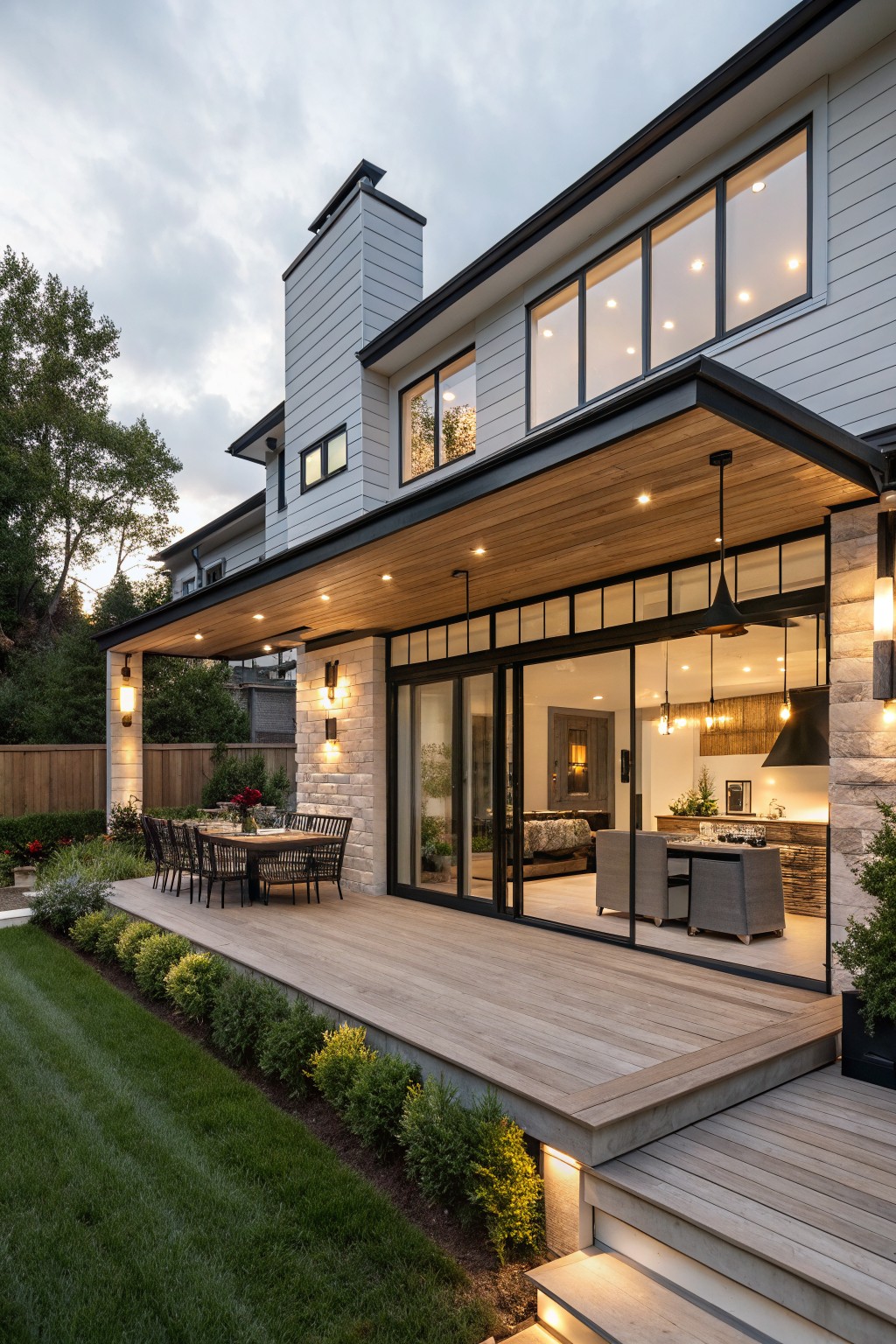 Rear view of a two-story modern house with white siding, black trim, stone accents, covered wooden porch with pendant lights and recessed ceiling lights, outdoor dining table on deck, sliding glass doors, steps to lawn, shrubs, and dusk sky.
