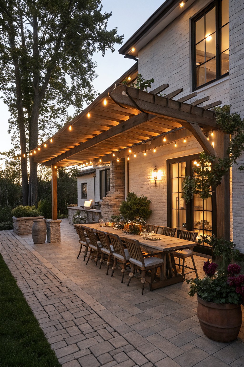 Wooden pergola covered in string lights over a long rectangular dining table with chairs on a stone patio, next to a white brick house with French doors, potted plants, and tall trees in the background at dusk.