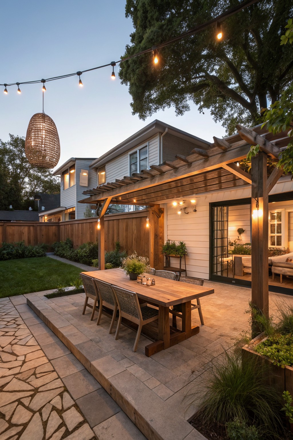 Backyard patio under a wooden pergola strung with multiple warm string lights and a large woven pendant, featuring a long wooden dining table with woven chairs on a stone paver platform, adjacent to a white house with sliding glass doors, lawn, plants, and wood fence at dusk.