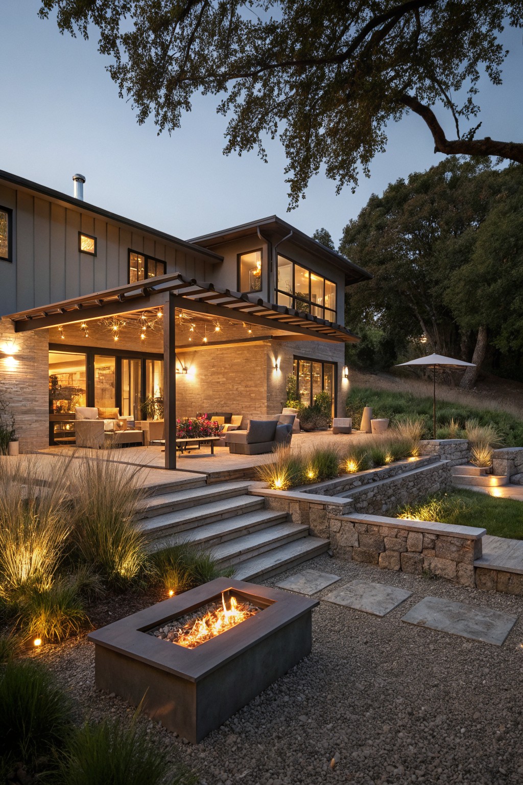 Back view of a modern house at dusk with a covered patio under a pergola strung with warm lights, outdoor seating, stone fire pit, steps, grasses, and landscape lighting.