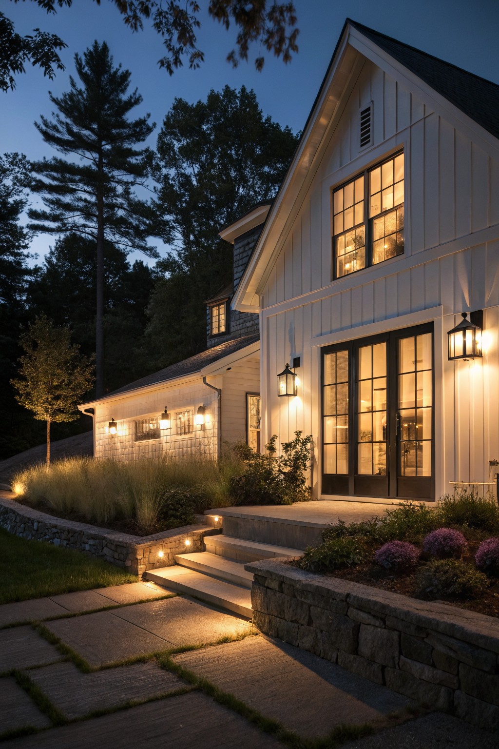 Modern farmhouse house exterior at dusk featuring white board-and-batten siding, black-framed glass entry doors flanked by wall lanterns, lit steps leading to the door, stone retaining wall with path lights, attached garage, and surrounding trees and plantings.
