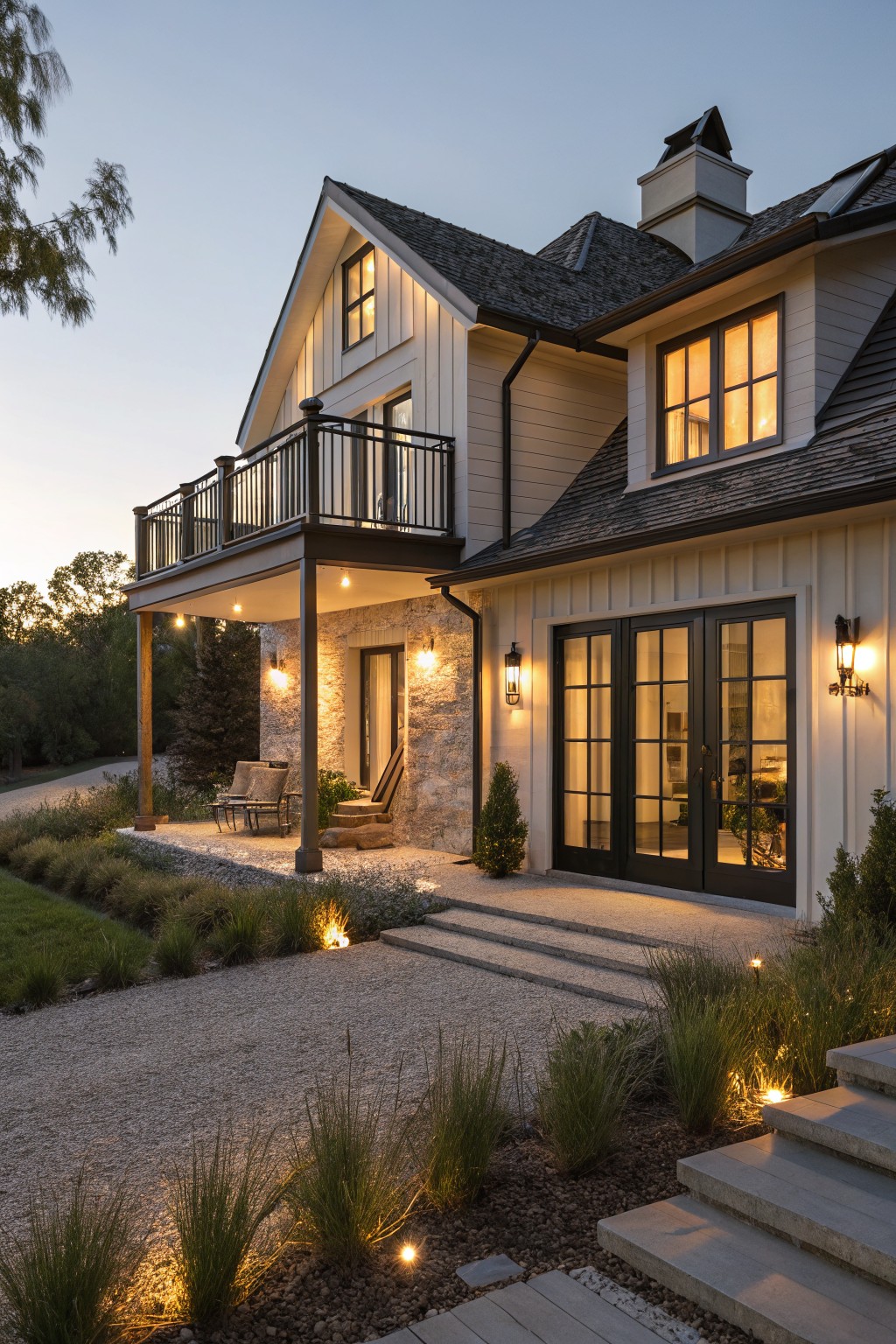 Modern farmhouse exterior at dusk featuring a two-story house with white board-and-batten siding, stone porch, black metal lanterns, lit glass entry doors, balcony, gravel path with ground lights, and ornamental grasses.