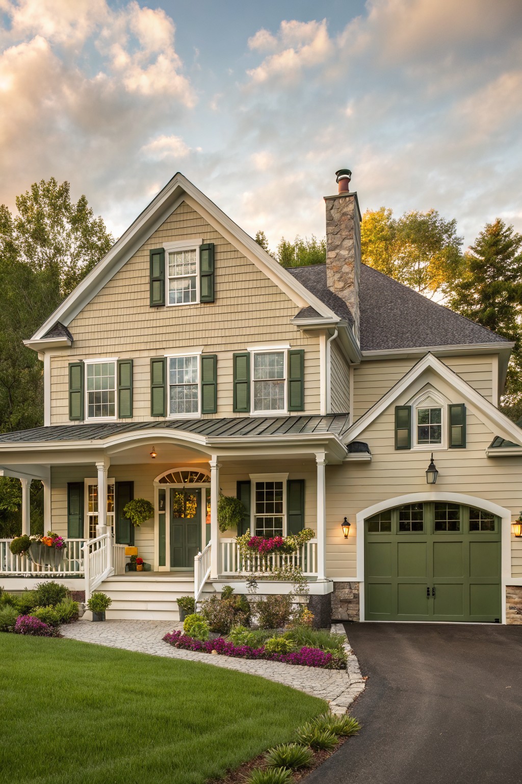 Two-story house with beige shingle siding, green shutters on windows, green garage door, white porch with columns, stone chimney, and landscaped yard with flower beds and pathway at sunset.