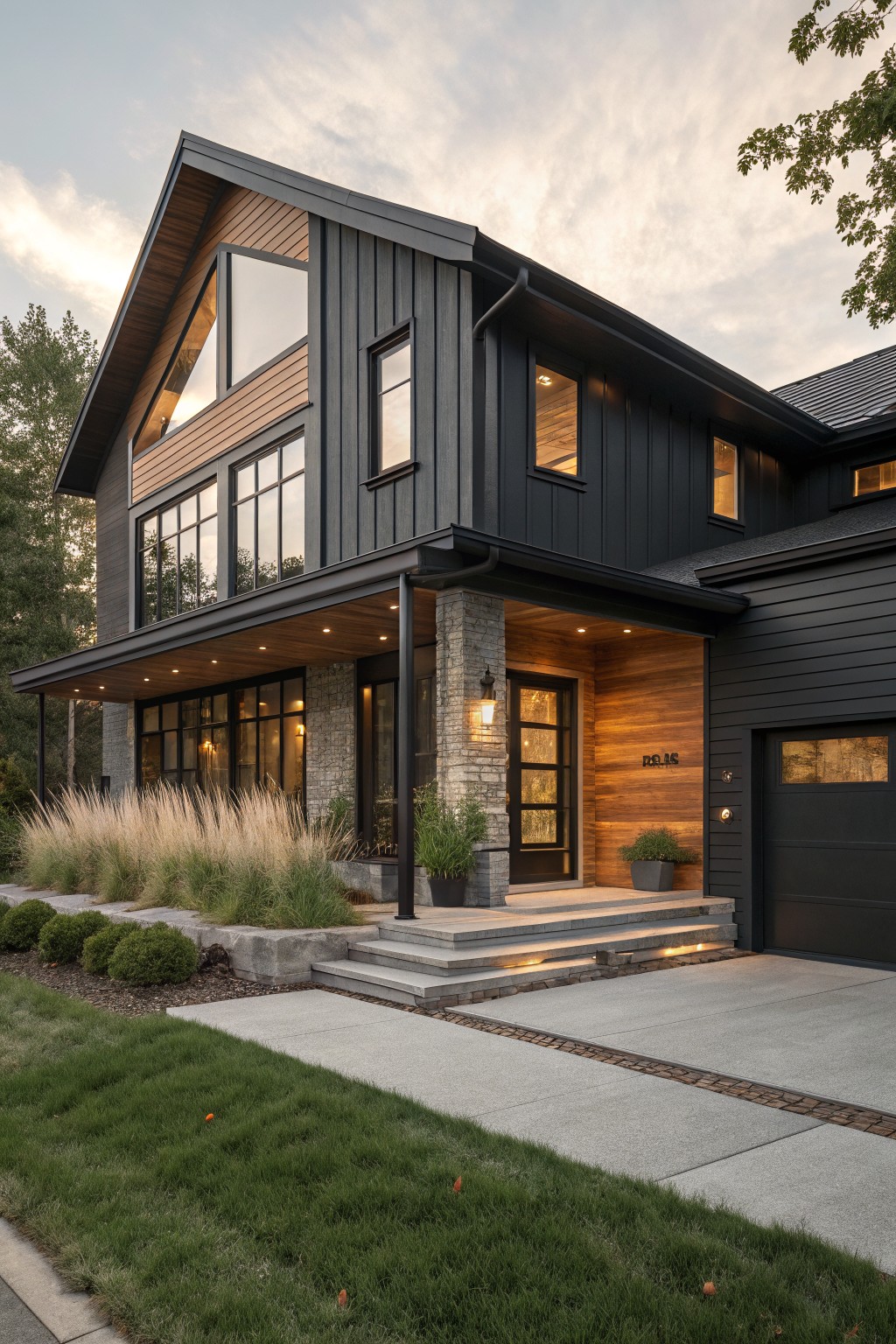 Two-story modern farmhouse house exterior with black board-and-batten siding, wood accents on gables and entry, stone pillar, large windows, black garage door, ornamental grasses, shrubs, and concrete pathway at dusk.