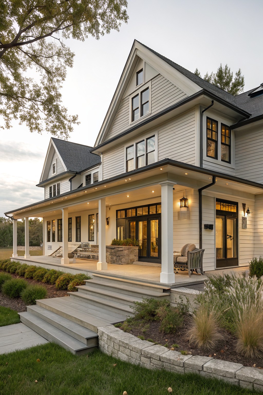 Modern farmhouse house exterior featuring light gray siding, black-framed windows and trim, dark gray roof, wraparound porch with columns, stone retaining wall, steps, and surrounding landscaping with grasses and shrubs.
