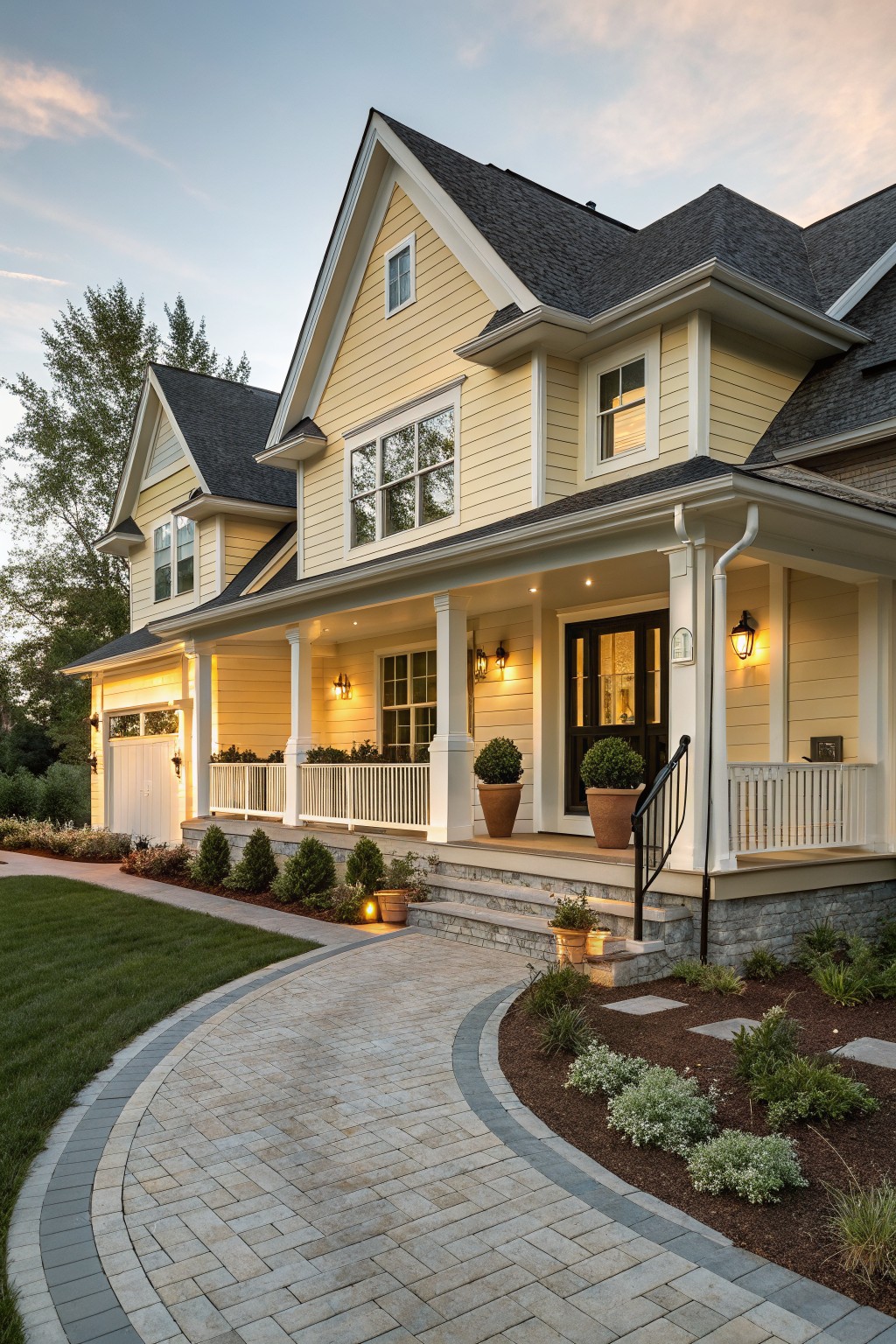 A two-story yellow-sided modern farmhouse with white trim, black-shingled gabled roof, wraparound porch, black front door, garage, potted plants on steps, and curved brick paver pathway with low landscaping edging the front yard at dusk.