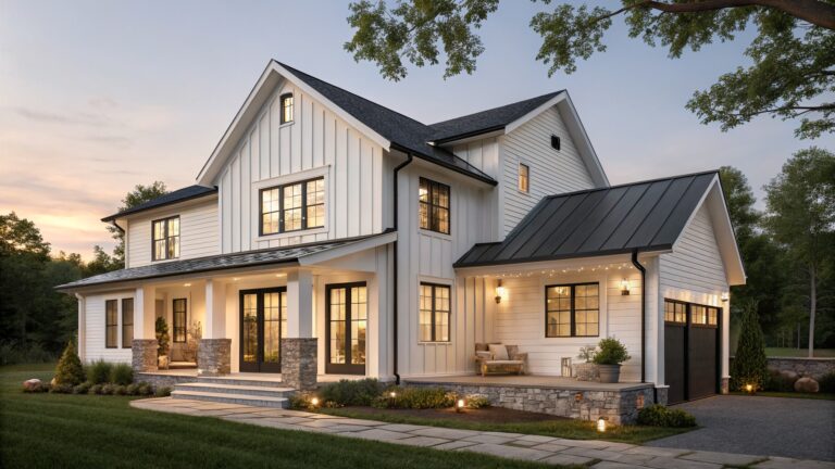 20 Modern Farmhouse Exterior Paint Colors To Transform Any Home White board-and-batten sided modern farmhouse exterior with gabled roof, black windows and doors, covered porch with columns, stone steps, lanterns, potted plants, shrubs, and lawn at dusk.
