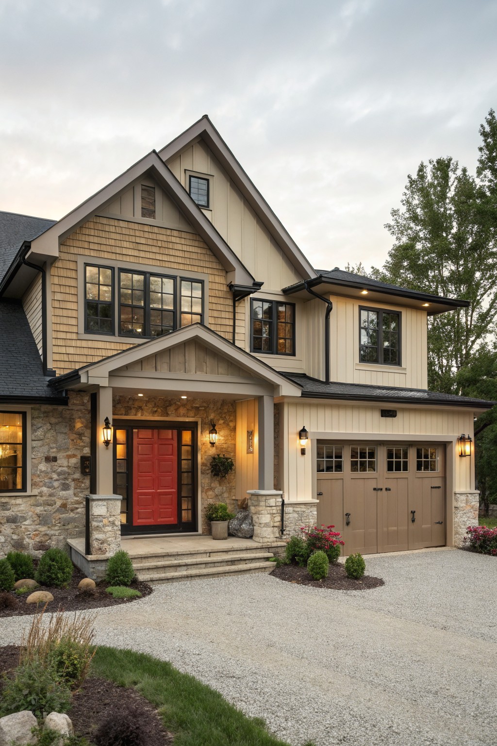 Two-story modern farmhouse house with light beige siding, tan shingle accents, black window frames and trim, red front door, beige garage doors, stone base and pillars, landscaping, and gravel driveway.