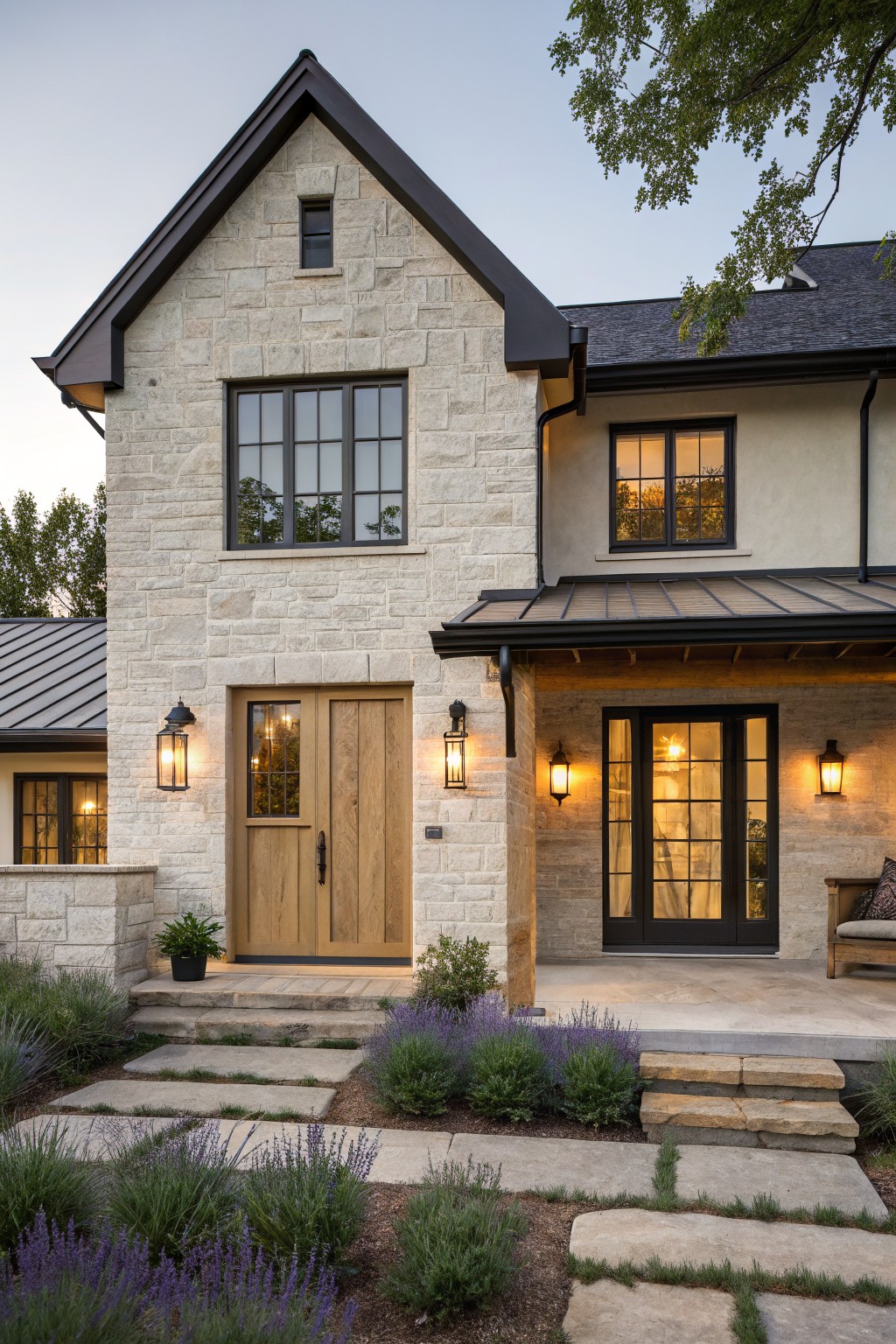 Front exterior of a two-story modern farmhouse house with light beige stone walls, black window frames, dark metal roof and porch covering, wooden double doors, lanterns, stone steps, and lavender plants in the landscape.
