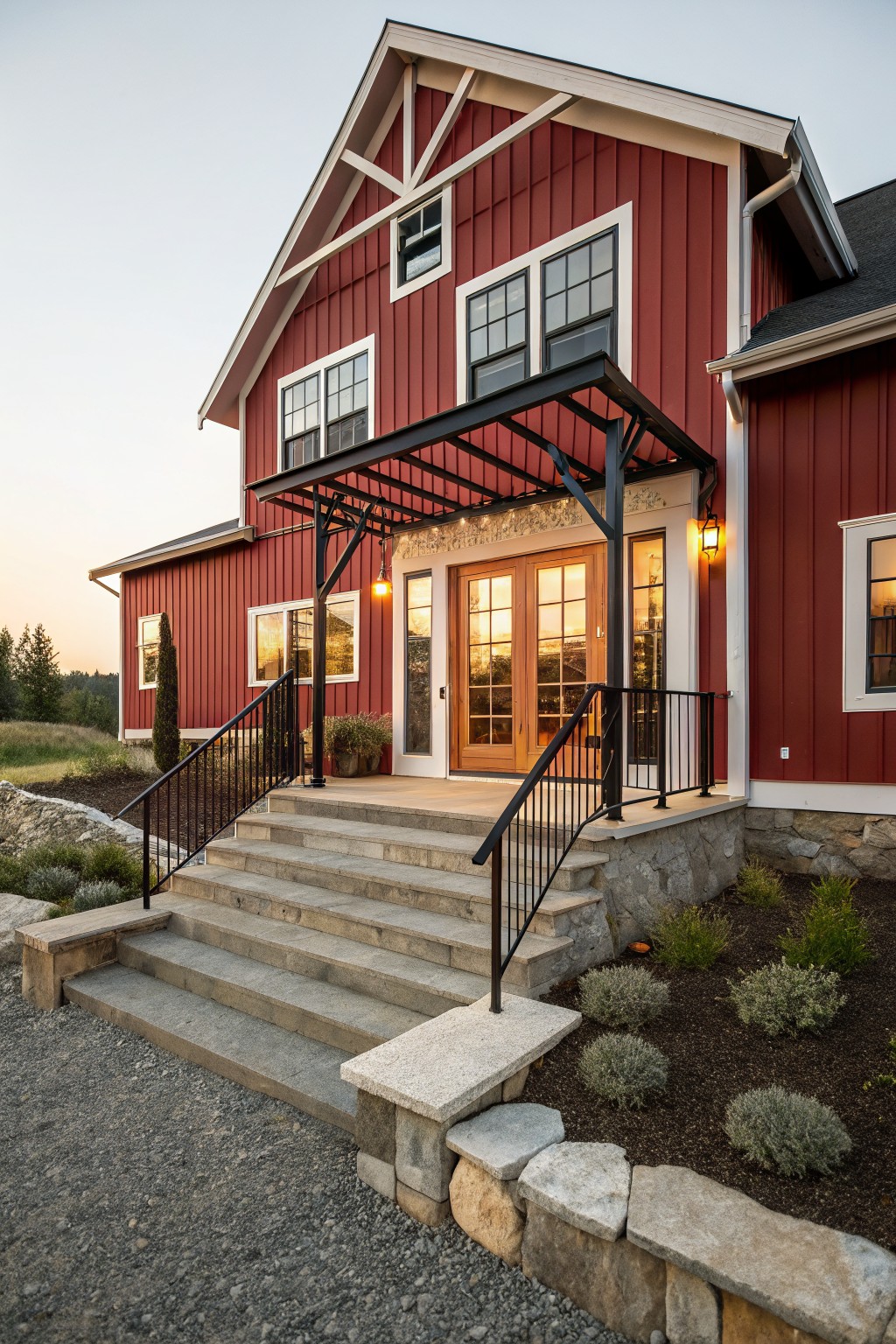 Red barn-style house exterior with white-trimmed windows, black metal awning over wooden double doors, concrete steps flanked by black railings and stone walls, gravel driveway, and low shrubs in front.