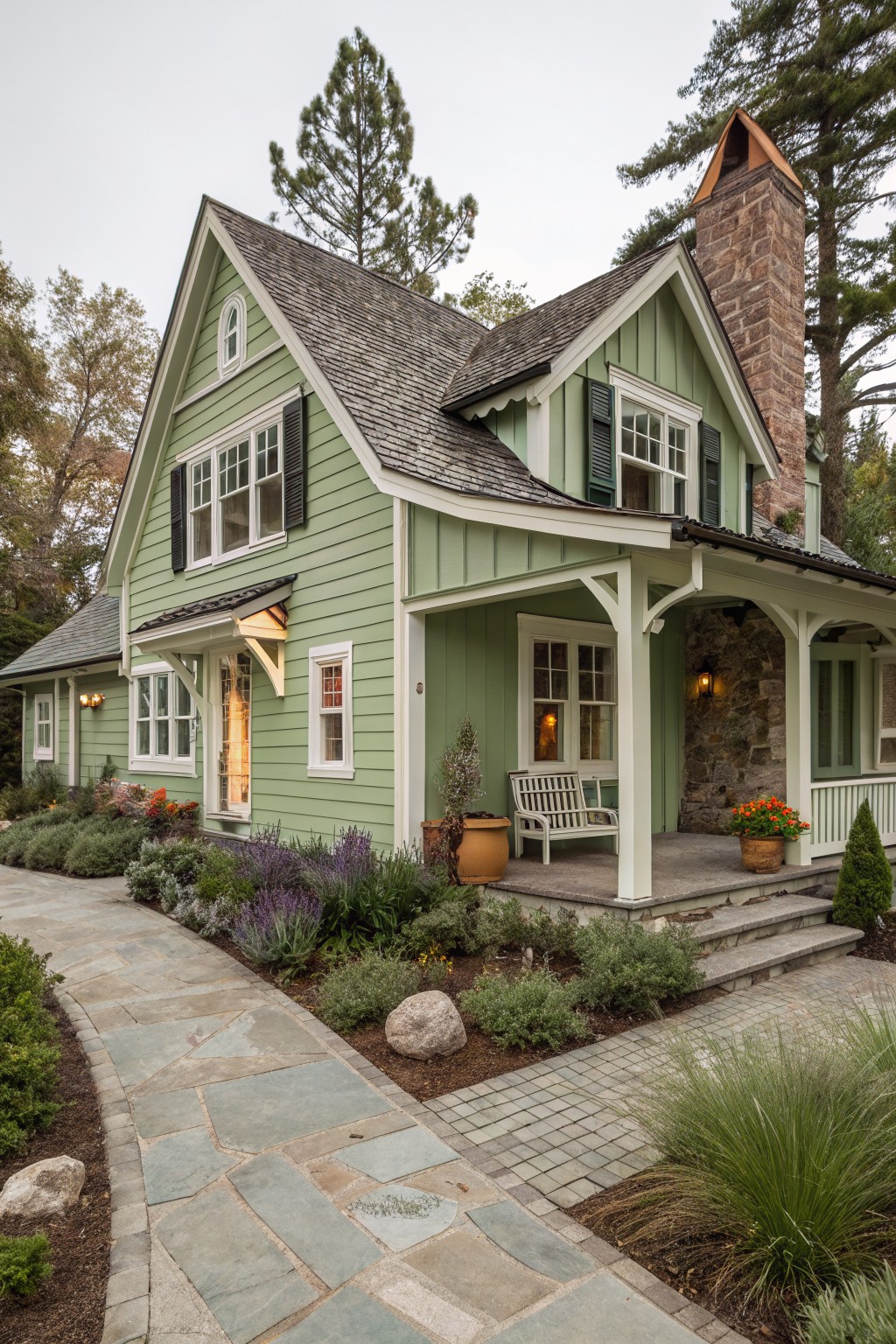 A two-story light green clapboard house with white trim, gabled roof, covered front porch, stone chimney, potted plants, bench, and stone pathway amid landscaped shrubs and trees.