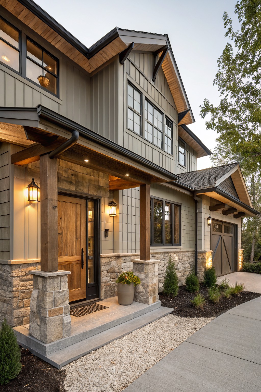 Modern two-story house with gray siding, stone accents, and wooden porch.