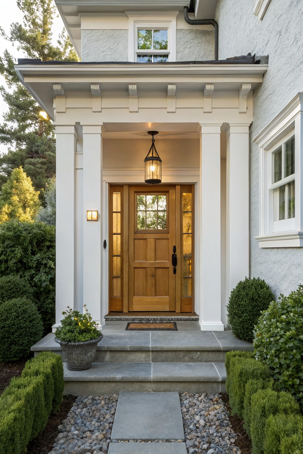White portico with fluted columns frames an oak front door with glass panels and brass hardware on a light gray house exterior, featuring a hanging lantern, stone steps, boxwood shrubs, potted plants, and gravel path.