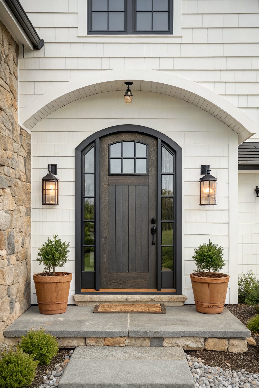 White clapboard house exterior with stone foundation and arched dark wood front door featuring glass sidelights, flanked by black lanterns and terracotta pots with small trees on a stone stoop.