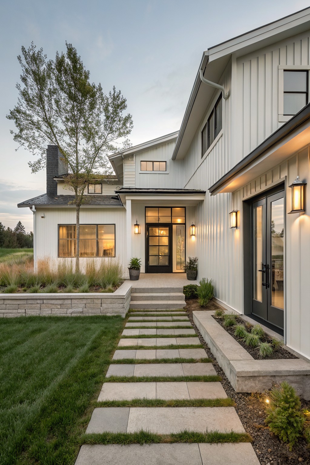 White modern farmhouse exterior with black framed glass front doors, sidelights, lantern lights, stone steps, potted plants, and concrete paver pathway through green lawn bordered by ornamental grasses and stone retaining wall.