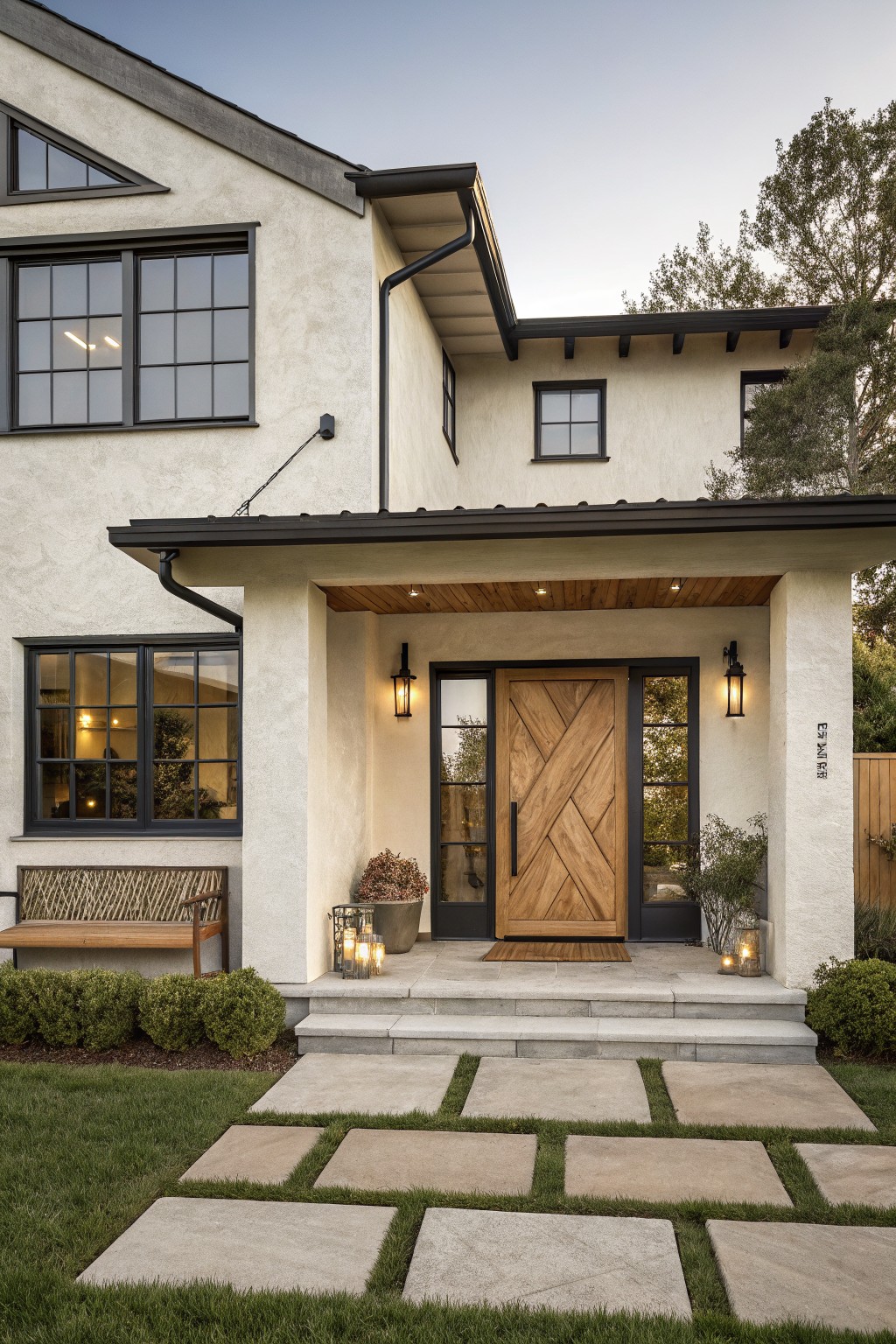 Front exterior of a modern farmhouse house with beige stucco walls, a large wooden door featuring an X pattern and black-framed glass sidelights, covered porch with lanterns, wooden bench, stone steps, and paver pathway leading to green lawn.