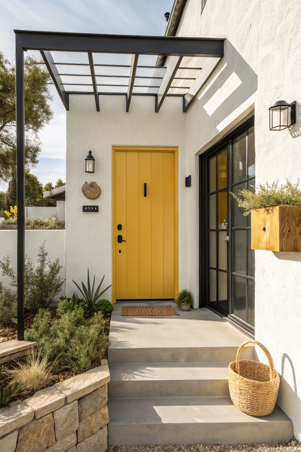 White stucco house exterior with yellow front door, black metal pergola overhead, glass side door, lantern lights, potted plants, concrete steps, and drought-tolerant landscaping.