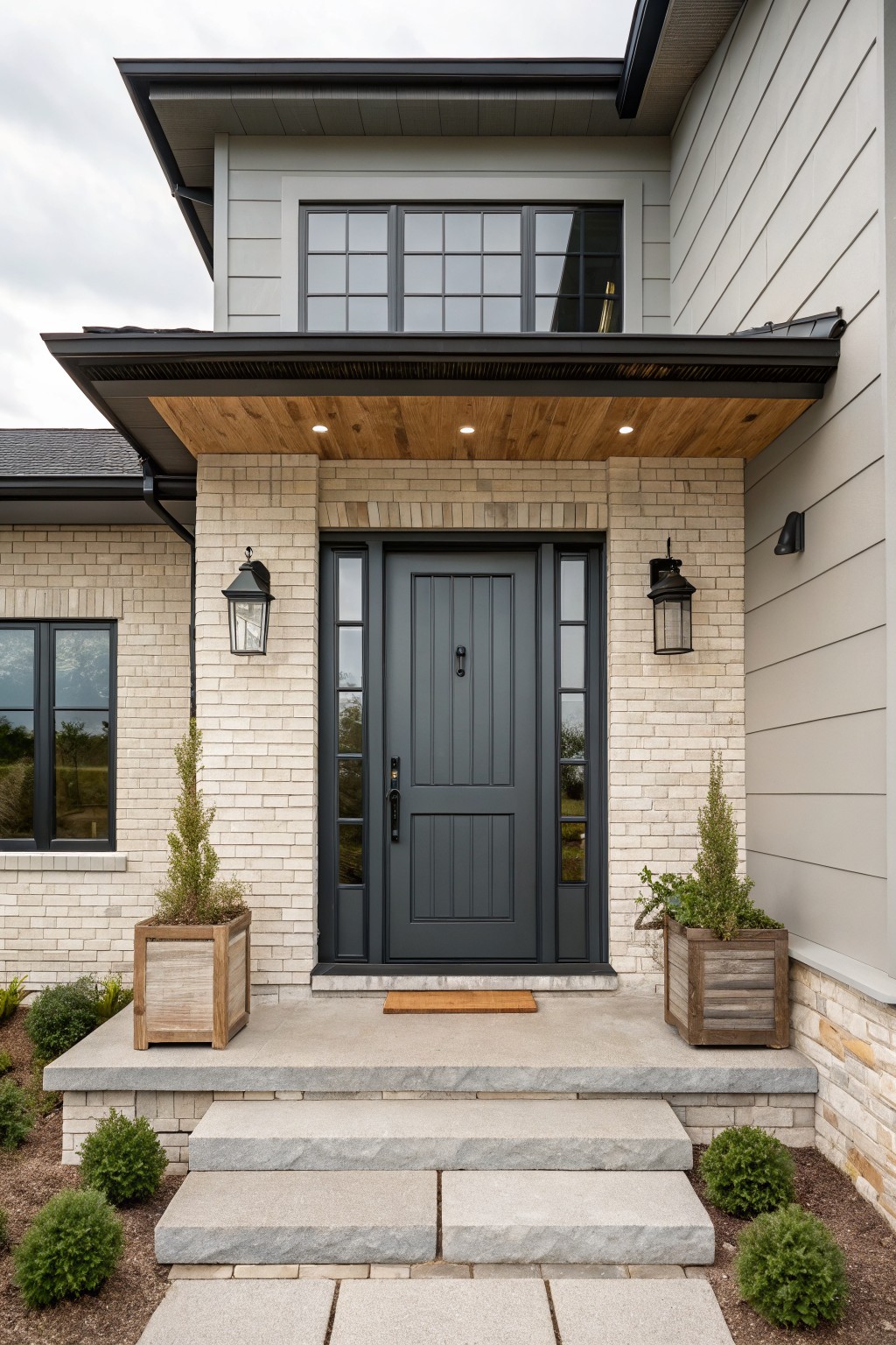 Front exterior of a modern farmhouse house with light brick lower walls, gray horizontal siding above, a centered dark gray paneled front door under a wood-beamed porch, black lanterns flanking the door, wooden planters with greenery on the landing, and stone steps down to a paved walkway.
