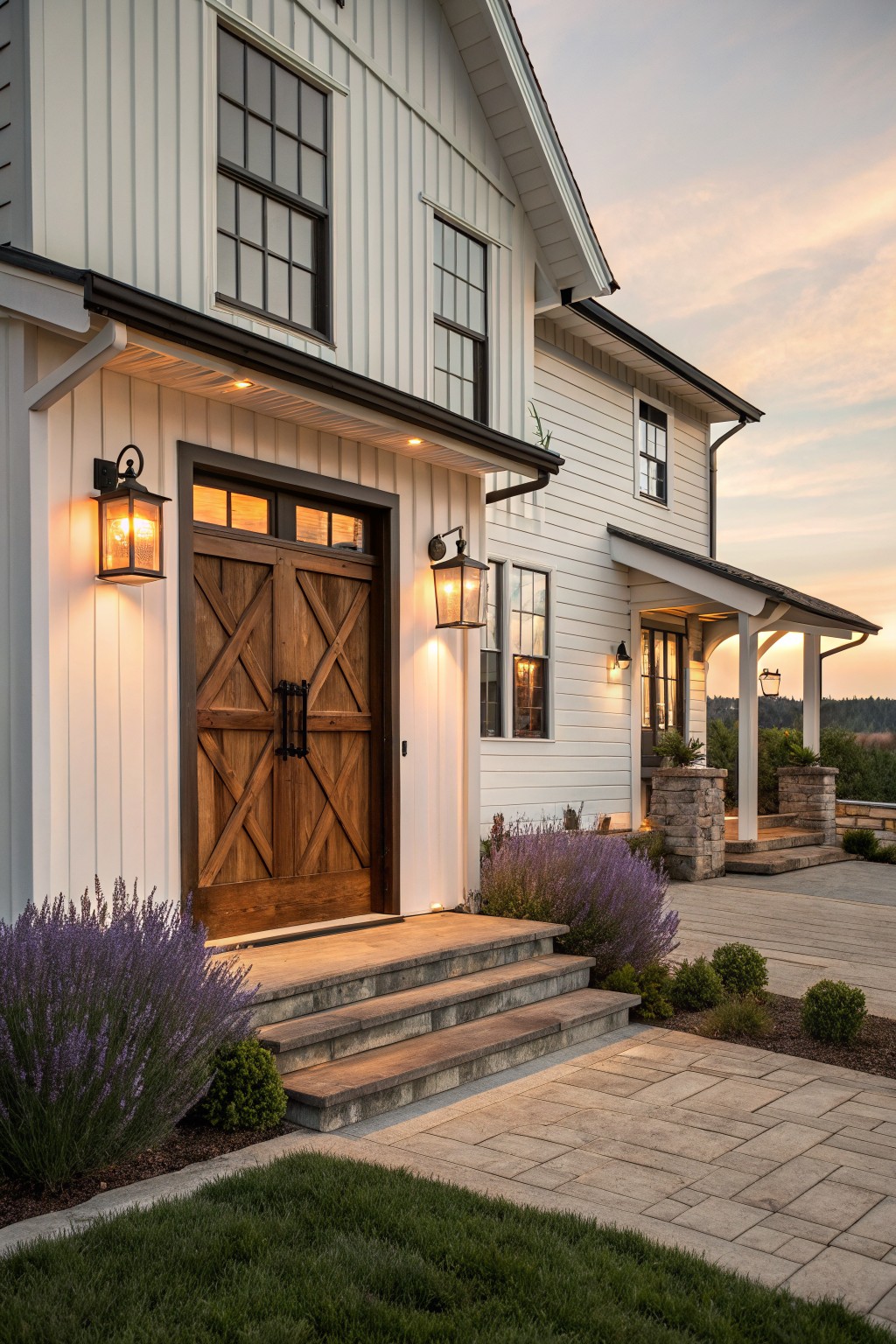 White shiplap-sided modern farmhouse exterior featuring a large wooden double front door with X-pattern bracing, flanked by lanterns, stone steps, lavender bushes, boxwoods, and a paver pathway at dusk.