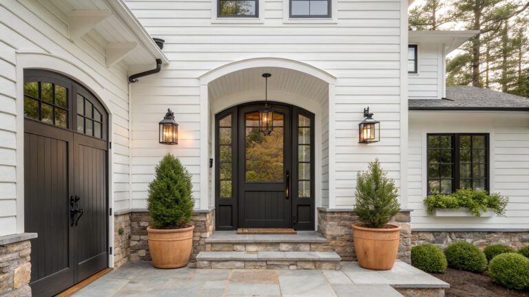 White clapboard house exterior with stone foundation and arched dark wood front door featuring glass sidelights, flanked by black lanterns and terracotta pots with small trees on a stone stoop.