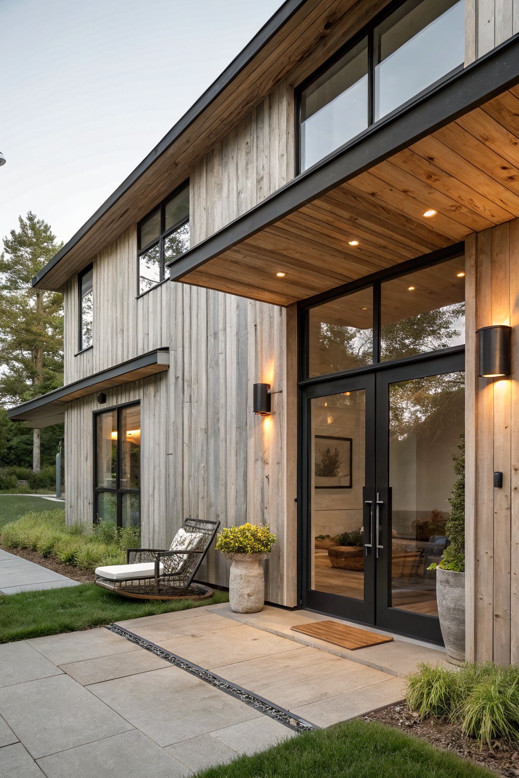 Exterior of a modern wood-clad house showing large black-framed glass double doors under a cantilevered wooden overhang, flanked by black lanterns, with potted plants, a hanging chair, and stone pavers nearby.