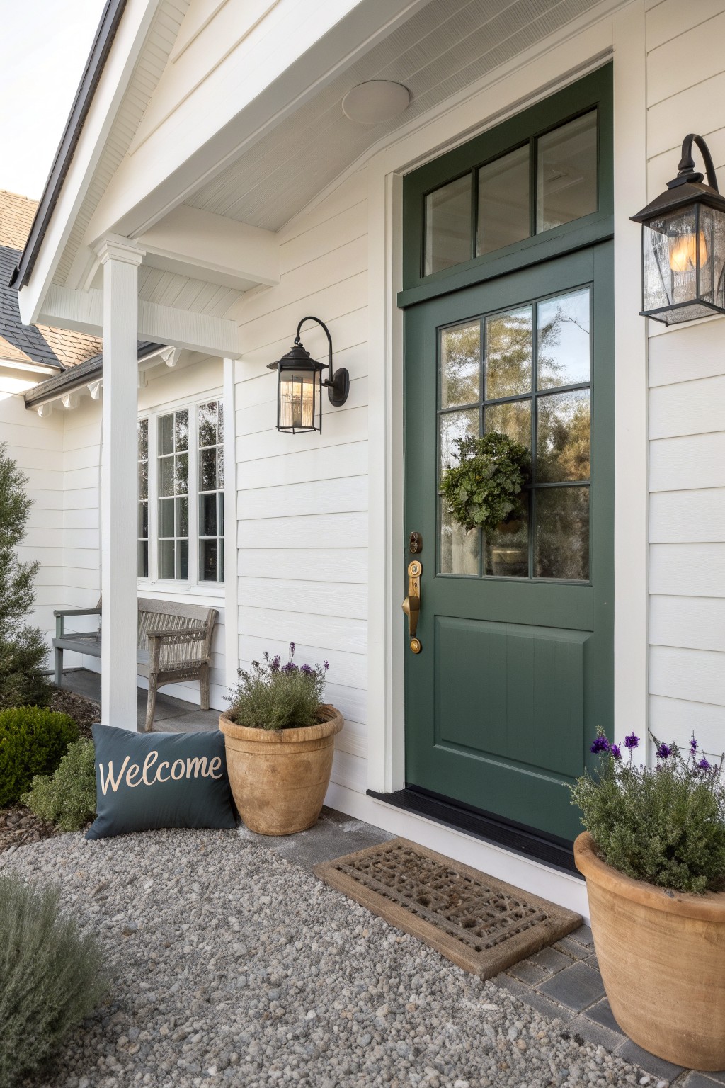 White board-and-batten house exterior with dark green wood front door, nine-pane glass upper section, brass doorknob, wreath, flanking black lanterns, potted lavender plants, gray welcome pillow, wood bench, and gravel entry path.