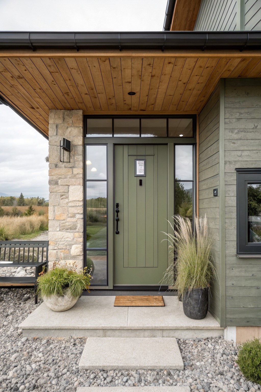Modern farmhouse house exterior showing a tall sage green paneled wood front door with black-framed glass sidelights and transom, under a wood-beamed porch overhang, next to a stone pillar and large potted plants on a gravel patio with concrete steps.