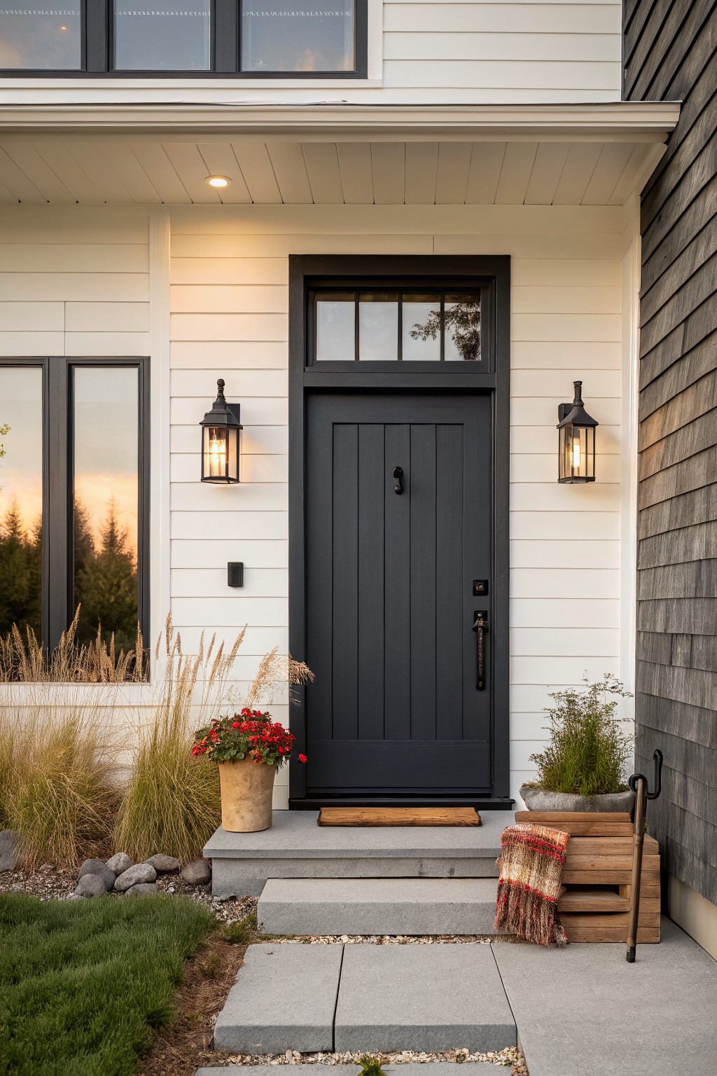 White board-and-batten house exterior with matte black wood front door, glass transom window, black lanterns, potted plants, wood crate stool, and concrete steps at sunset.