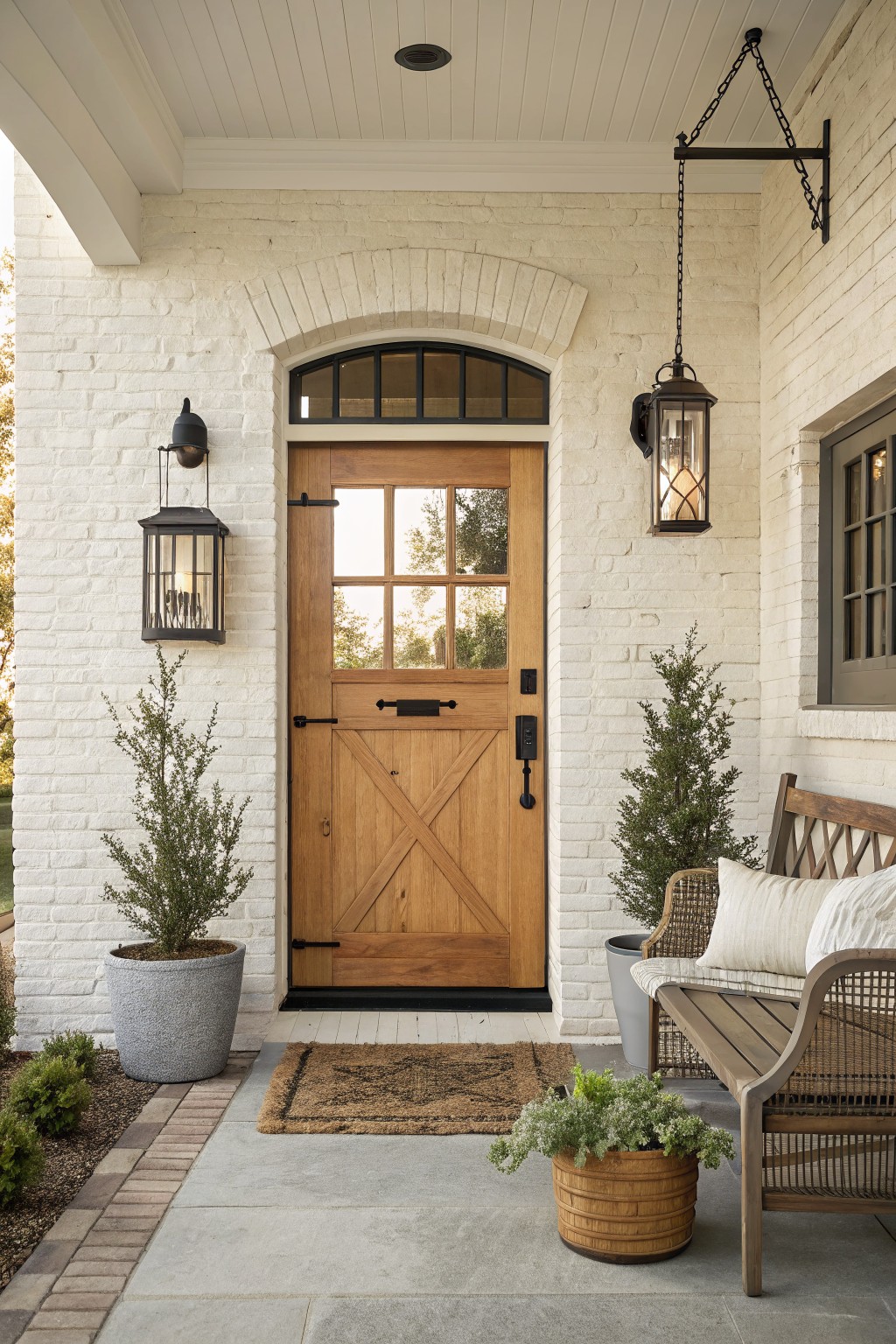 White brick house facade featuring an arched wooden stable door with cross-bracing on the lower panel and nine-lite window on top, flanked by black metal lanterns, potted topiary trees, a wooden bench with cushions, and a woven doormat on a stone porch.