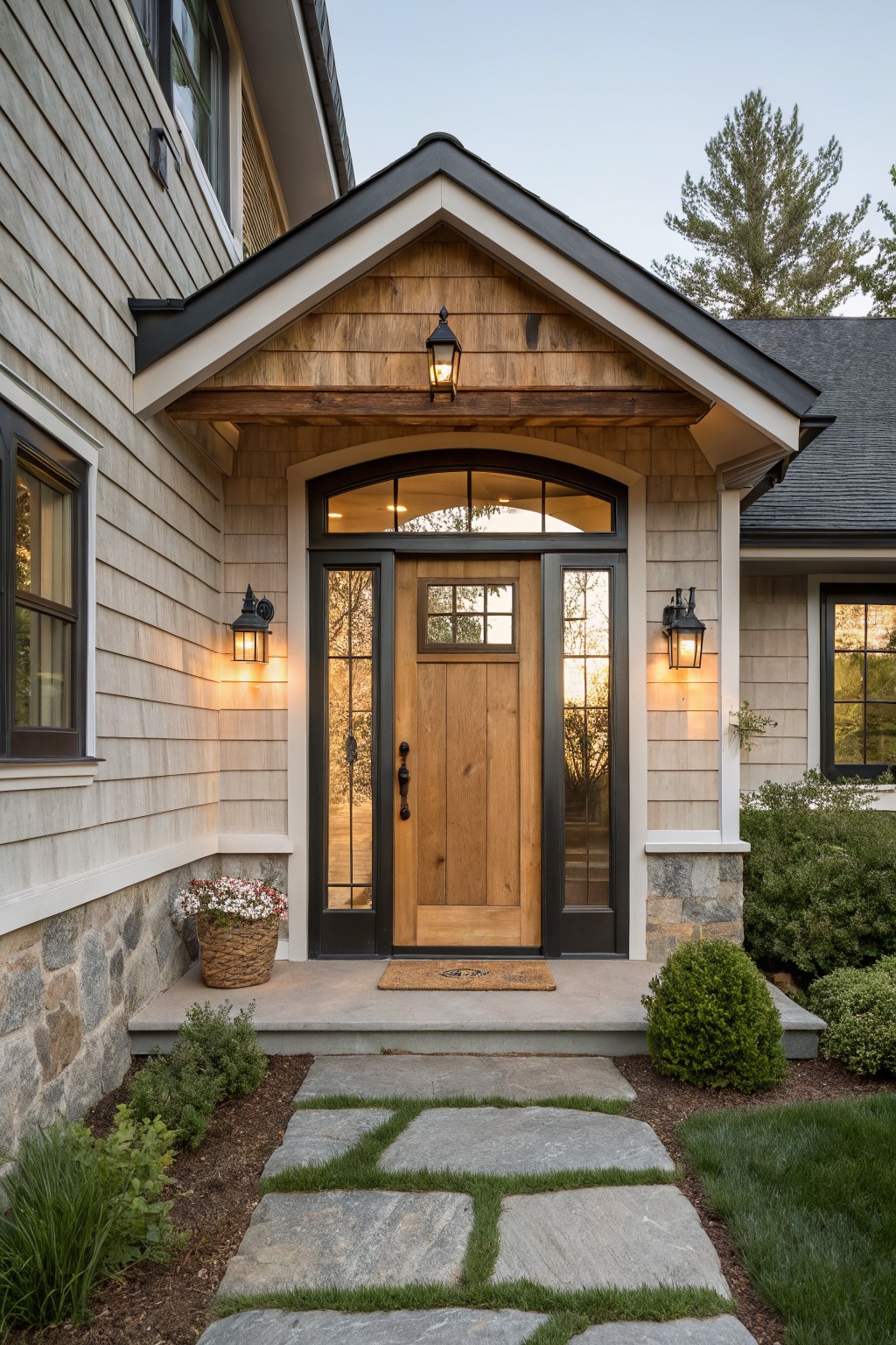 Shingle-sided house exterior with cedar timber gabled porch over arched wooden front door with glass sidelights, flanked by black lanterns, stone base, flagstone path, and low landscaping.