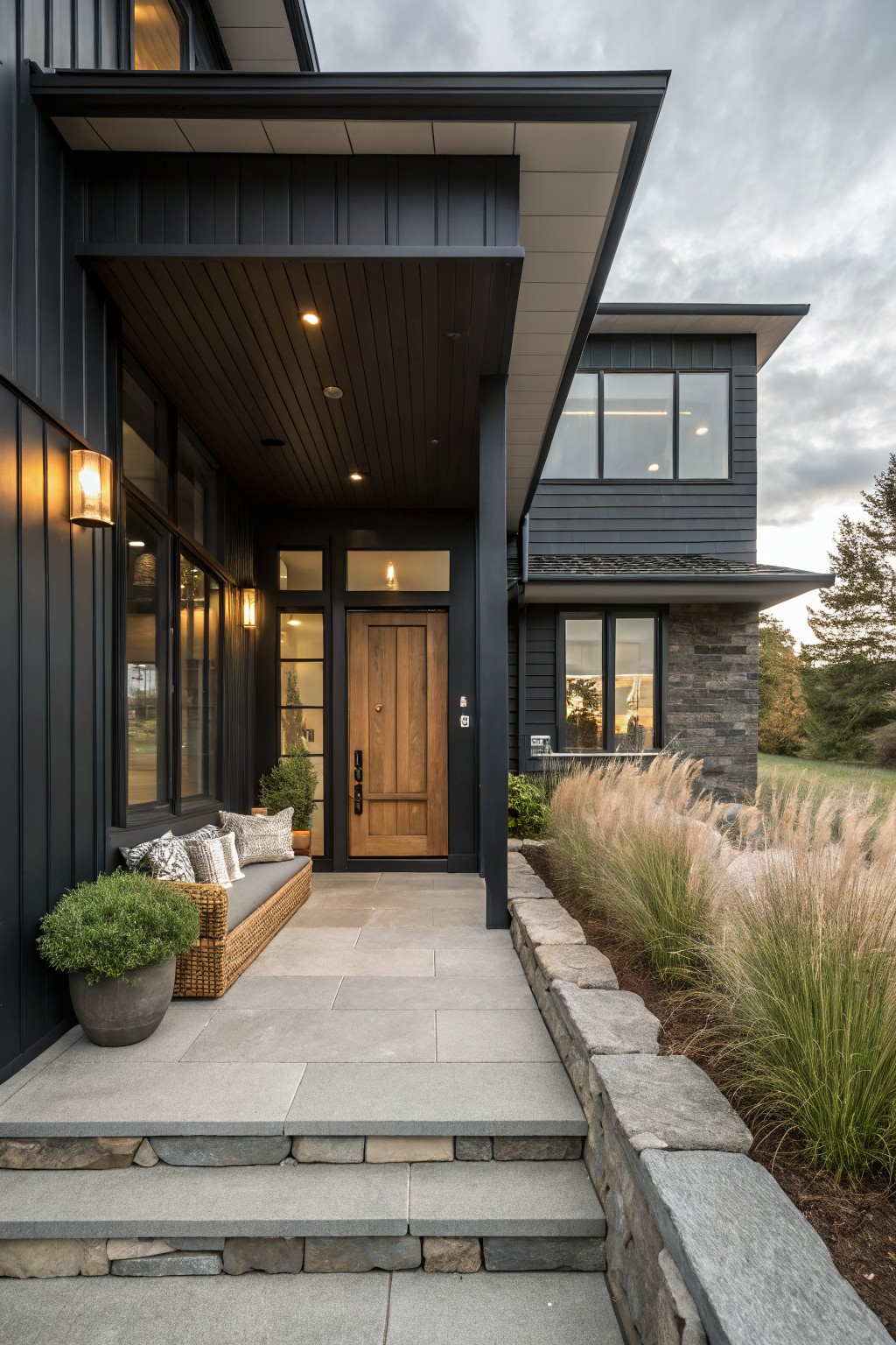 Exterior of a two-story modern house with black vertical siding, a large rectangular wooden front door under a covered porch with black ceiling, flanked by glass-paneled doors and windows, lantern lights, a cushioned wicker bench with pillows, potted plants, slate tile pathway, stone steps, and ornamental grasses along a stone retaining wall.