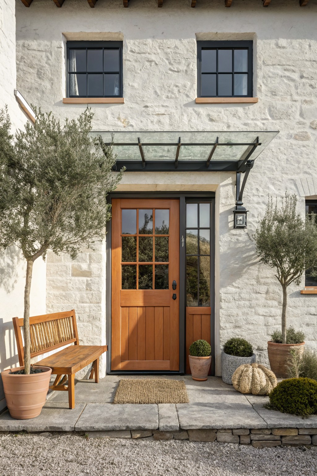 White stone house facade with orange wooden front door featuring eight glass panes and black frames, glass canopy above, potted olive trees, wooden bench, lanterns, and various potted plants on stone entry steps with gravel ground.