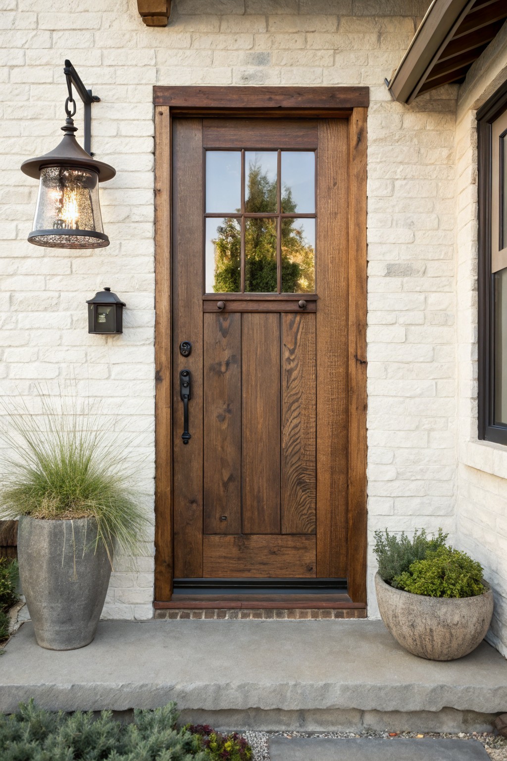 Wooden front door with nine-pane glass window and black handle set in white brick wall, flanked by wall lanterns and large potted plants on concrete steps.