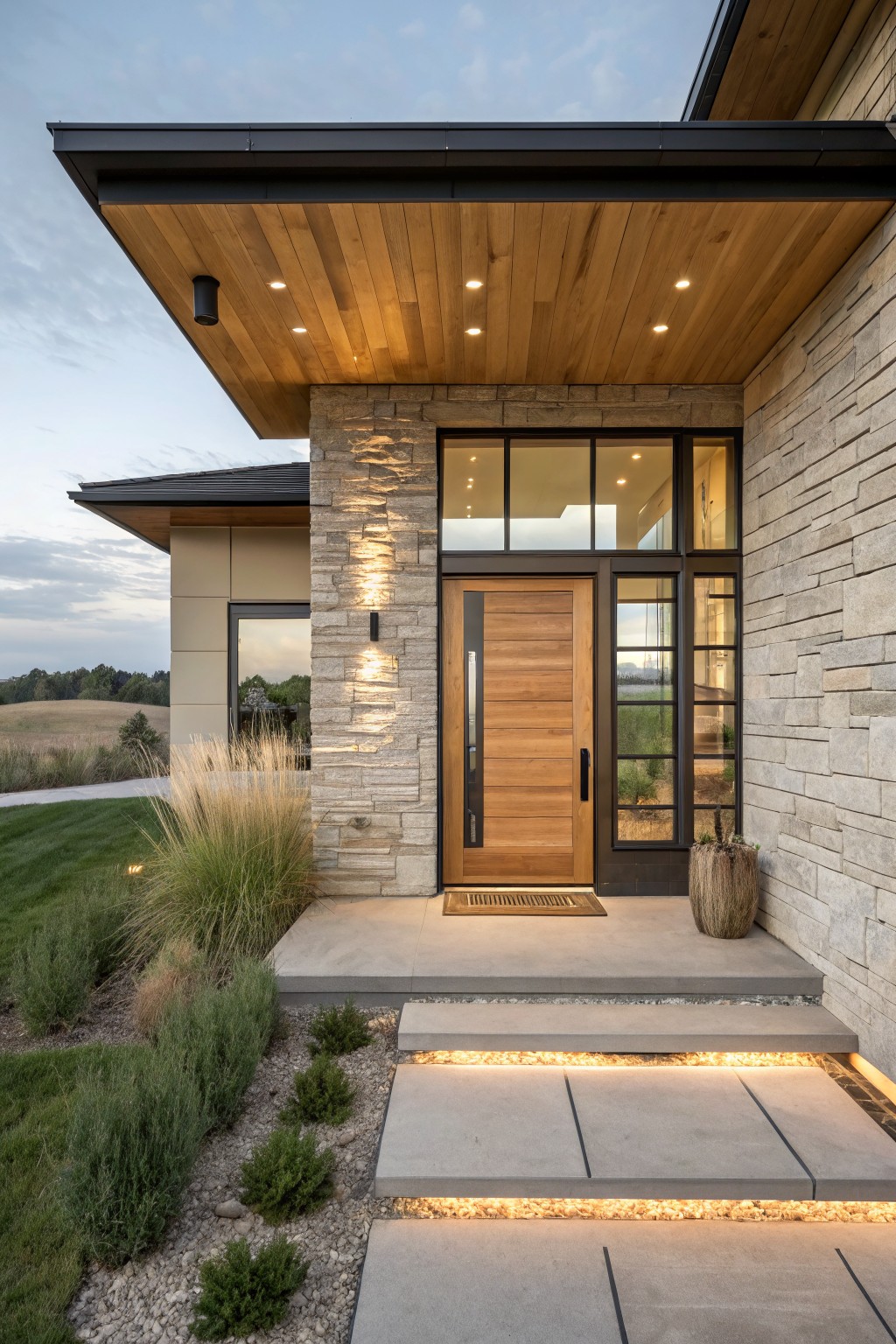 Modern farmhouse house exterior showing a cantilevered wood ceiling overhang above a wooden front door, flanked by stone walls, glass windows, and concrete entry steps with low-voltage lighting and ornamental grasses.