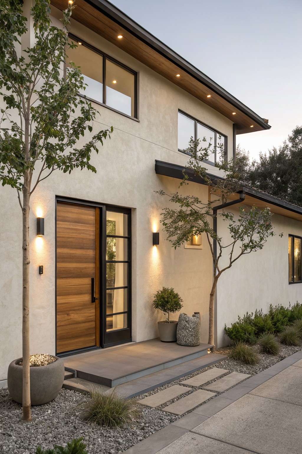 Modern house exterior at dusk showing a tall wooden pivot front door with adjacent black metal-framed glass sidelight, cylindrical black wall sconces, beige stucco walls, young trees, potted plants, gravel ground cover, and concrete steps.