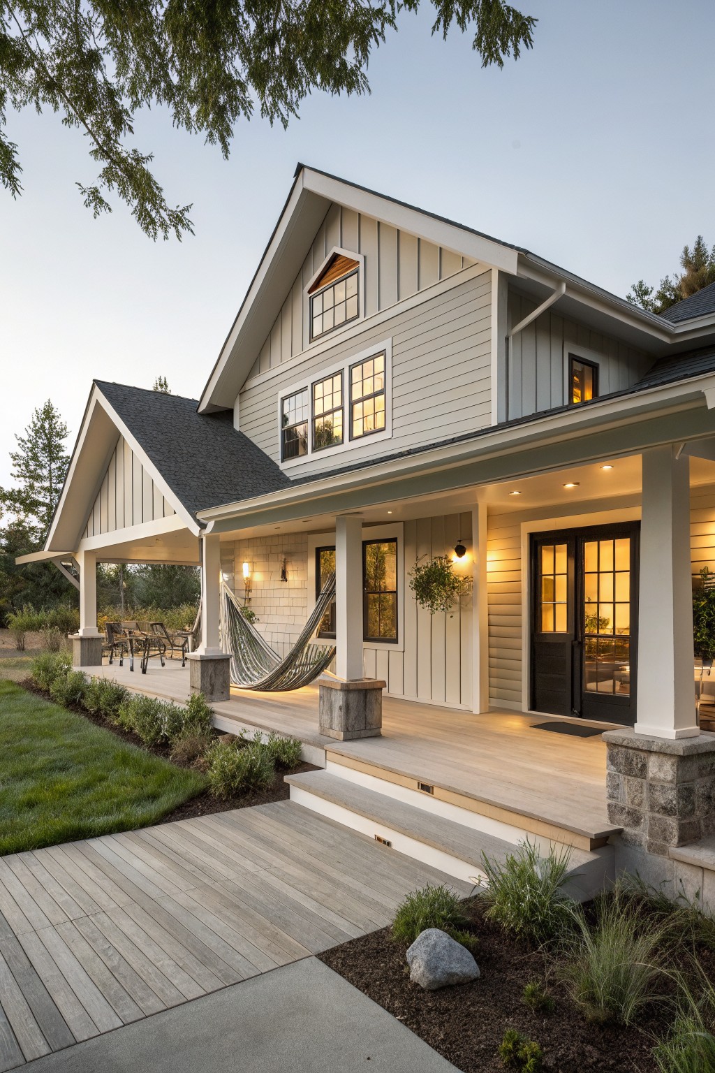Gray board-and-batten sided house exterior with gabled dark roof, covered porch displaying a hammock and lounge chairs between stone-based posts, black double doors, wood deck path, and front yard landscaping with shrubs and grass.