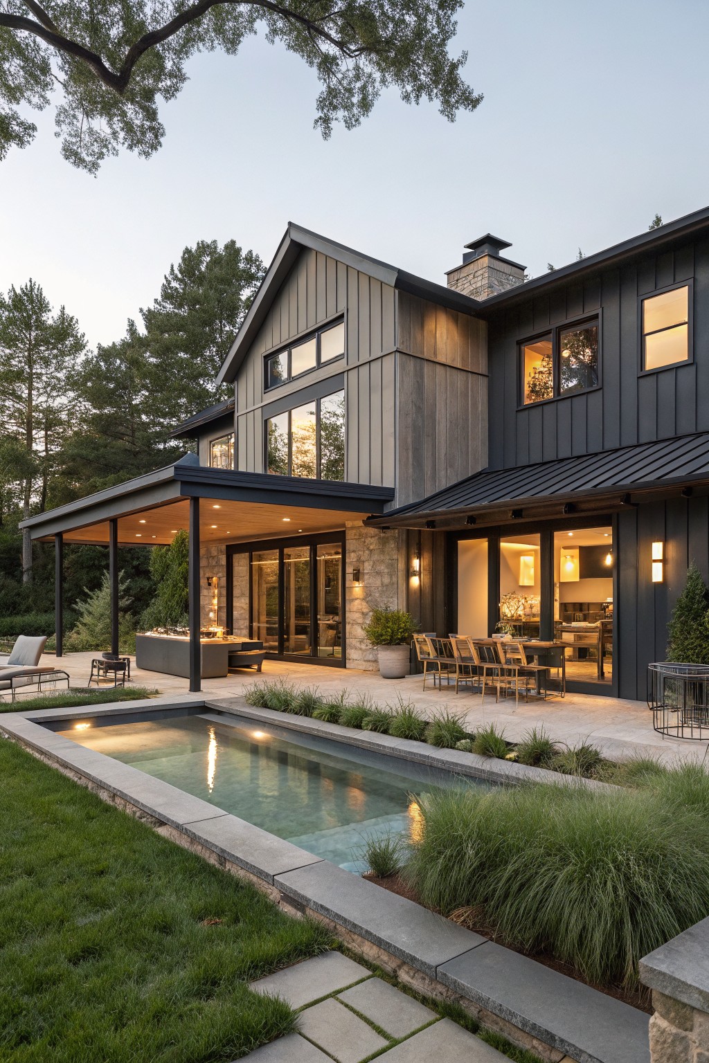 Rear exterior of a modern farmhouse ranch home featuring gray vertical wood siding, black metal roof and awning over a covered porch, large multi-panel glass doors and windows, stone patio with lounge chairs, dining table, linear lit pool, grasses, potted plants, and lawn at dusk with trees in background.