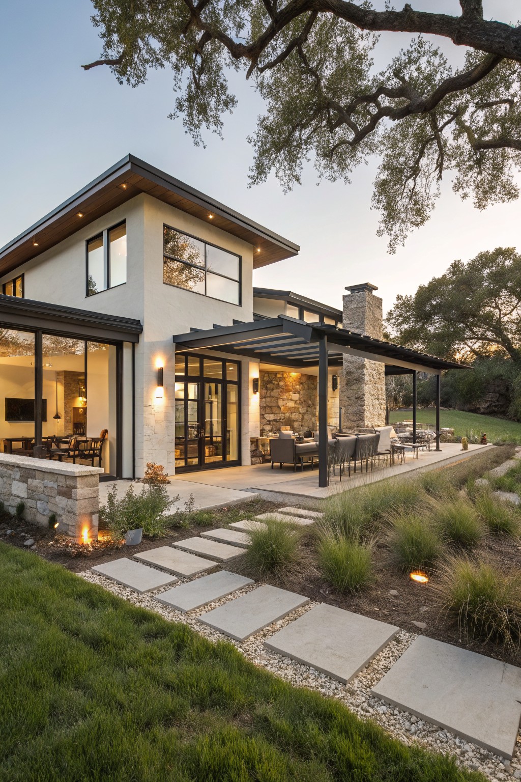 Corner view of a beige stucco modern ranch house with large glass windows and sliding doors opening to a covered metal-roofed patio with lounge seating, dining table, stone chimney, and a concrete paver pathway through grasses from the lawn.