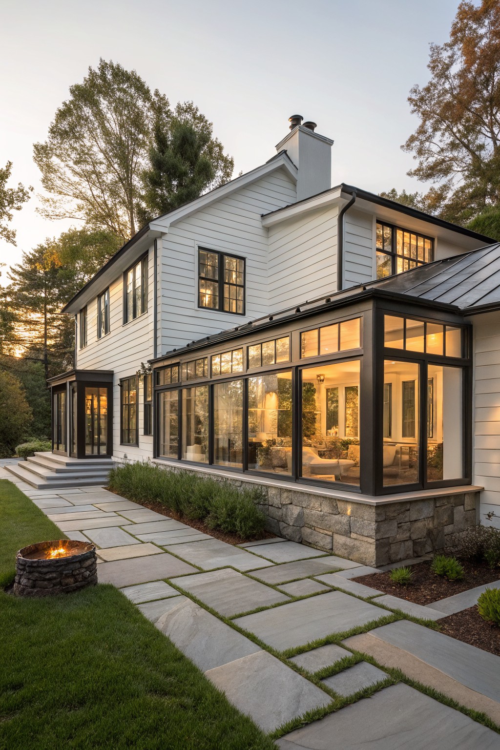 White clapboard two-story house with black metal-framed glass sunroom extension, stone pathway leading to entry, stone fire pit, and trees in autumn light.