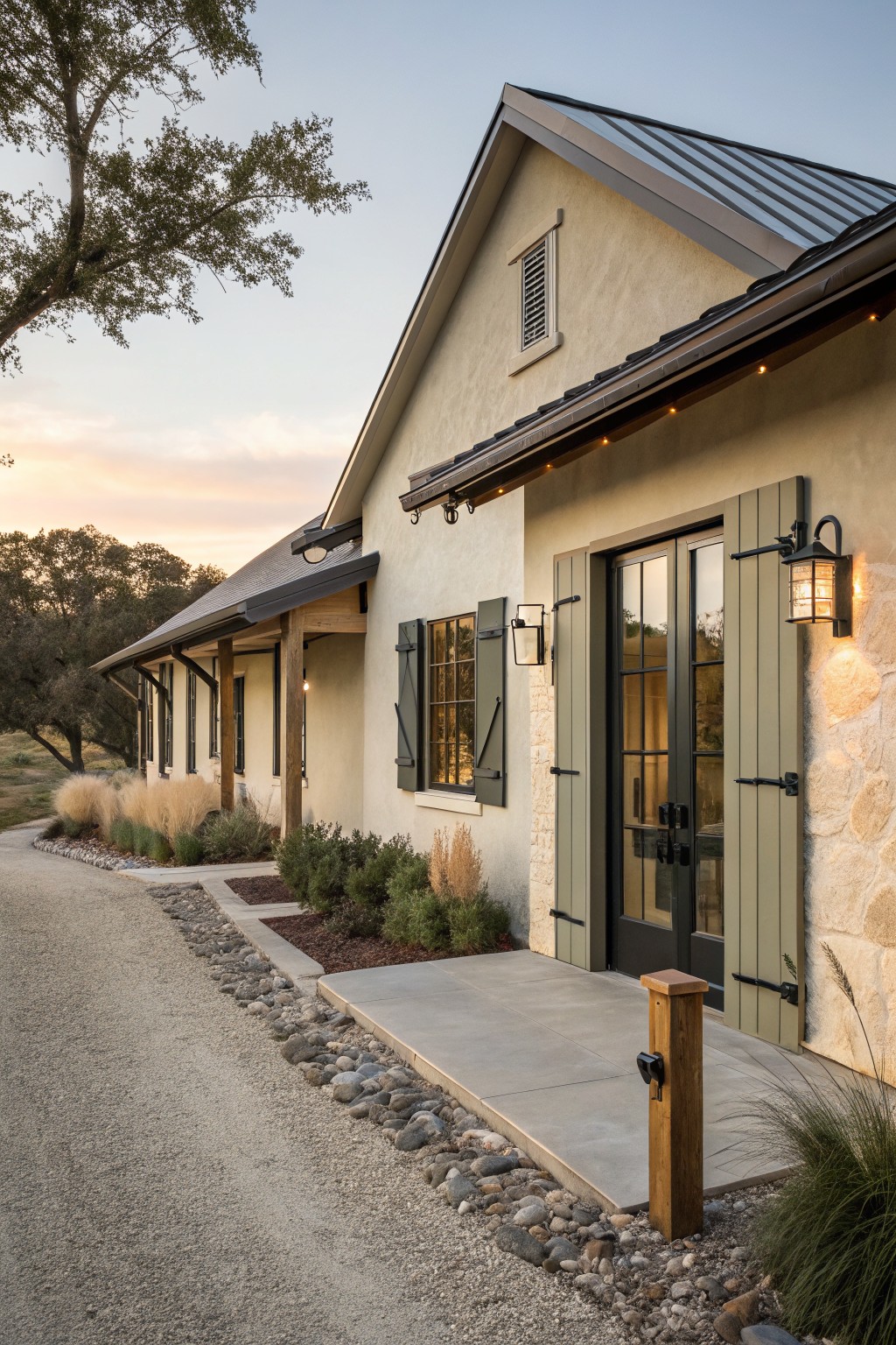 Side view of a single-story beige stucco ranch house with gray metal roof, covered porch, double dark-framed glass doors with gray shutters and black strap hinges, stone base accents, wall lanterns, wooden porch post and bollard, gravel driveway edged by grasses and shrubs, at sunset.