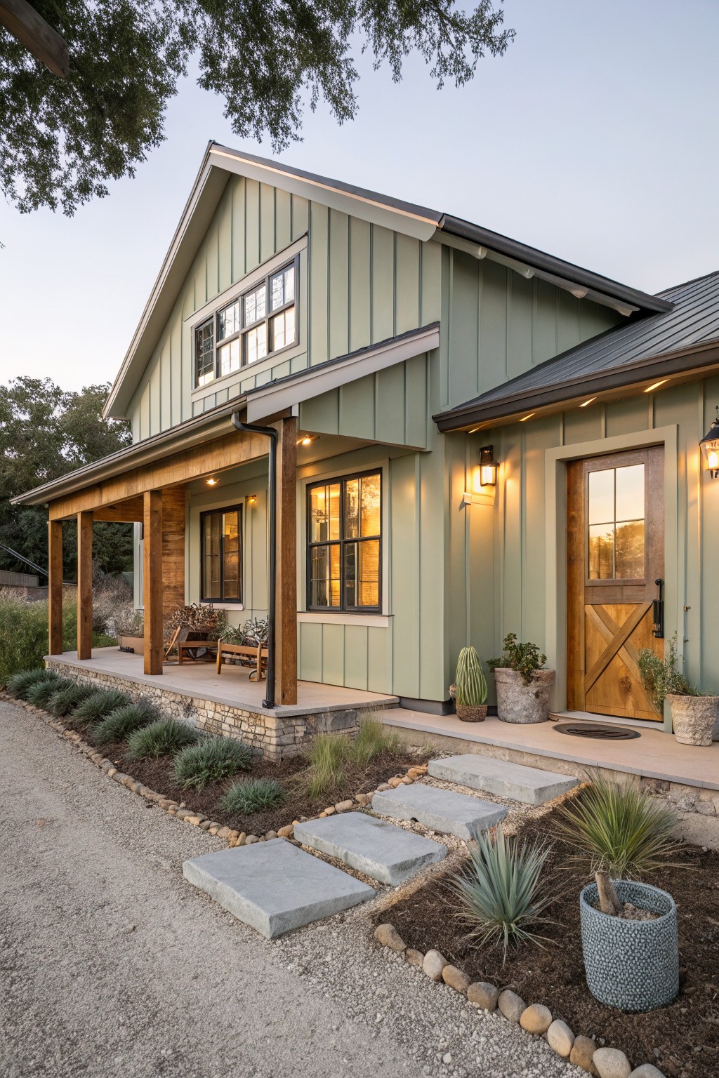 Sage green board-and-batten sided ranch house with gabled roof, wooden porch, X-brace entry door, and gravel path edged by agave plants and stone steps.