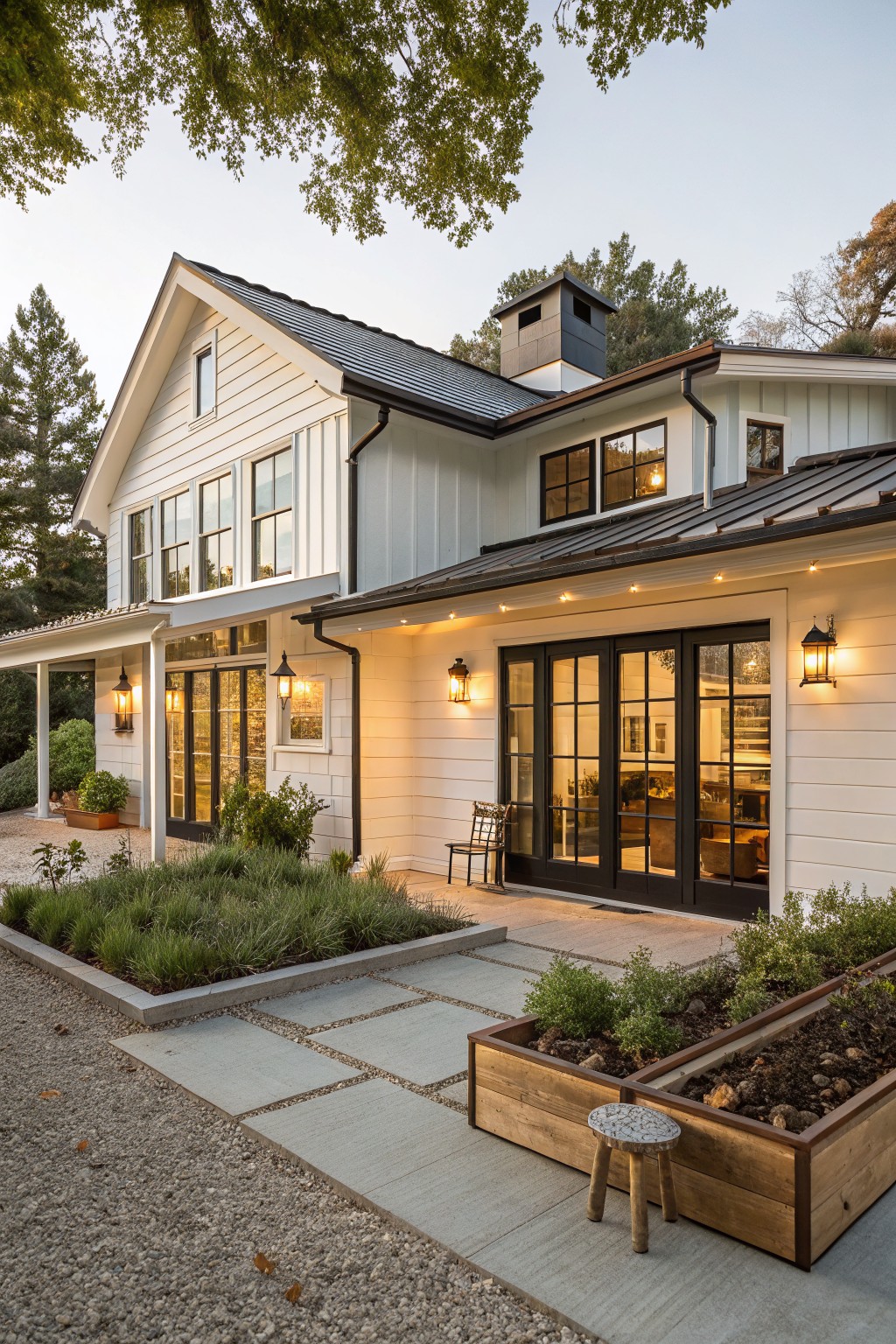 Side exterior of a two-story modern farmhouse with white board-and-batten siding, dark standing-seam metal roof, covered porch with lanterns, large black-framed sliding glass doors, raised wooden planters, stone paver patio, and gravel path amid greenery.