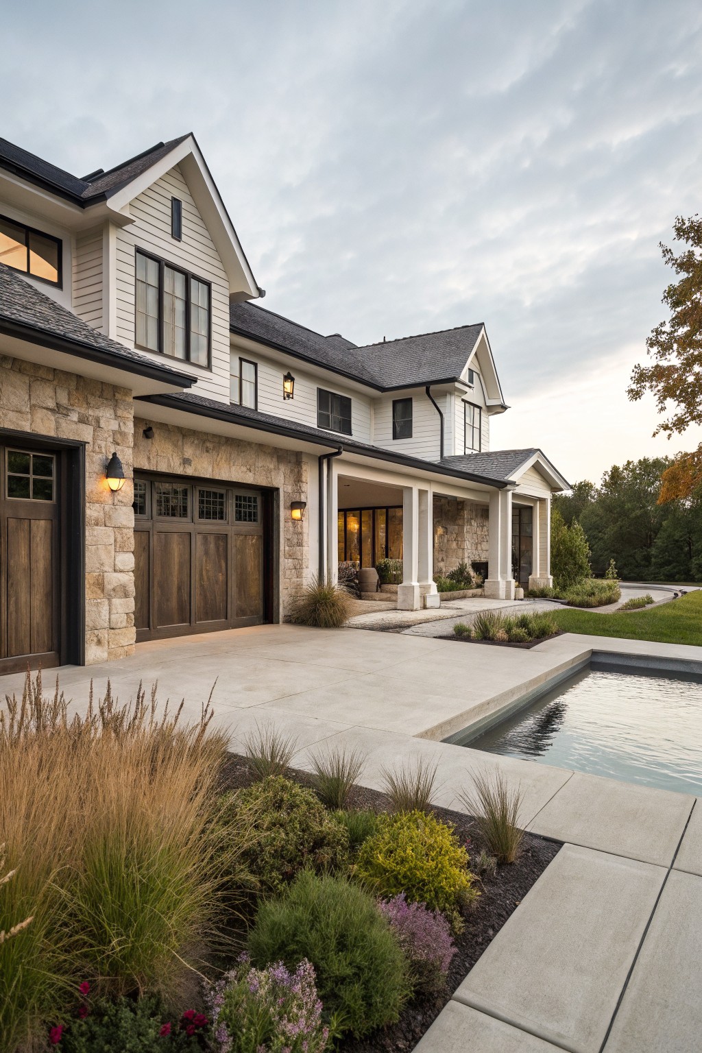 Side exterior view of a modern farmhouse ranch house with a stone garage featuring dark wood doors, white shiplap siding, black-trimmed windows, covered porch, and adjacent rectangular pool surrounded by grasses and low plantings.