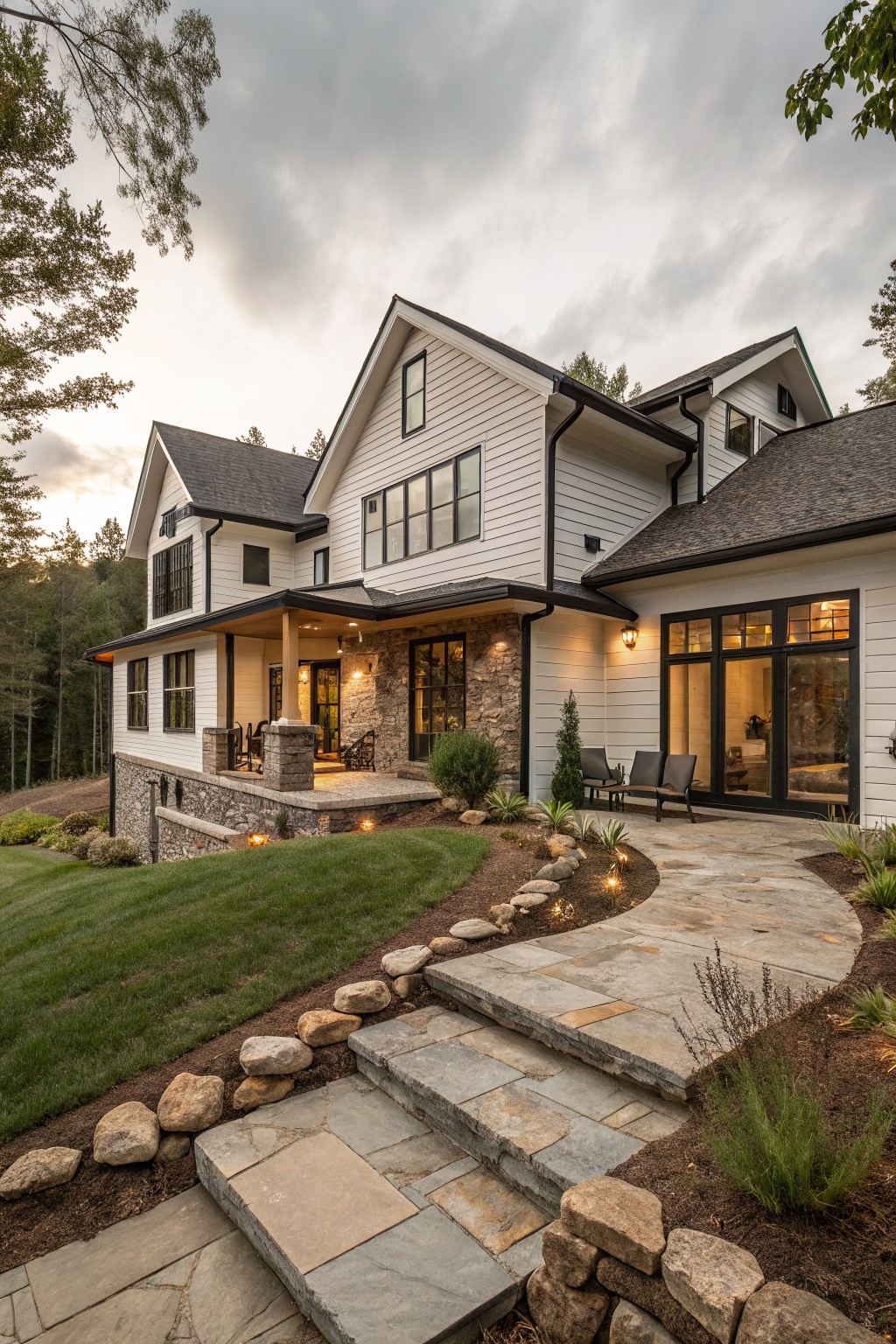 White modern farmhouse exterior with board-and-batten siding, black window frames and trim, covered porch supported by stone pillars, flagstone steps edged with boulders leading from grass lawn, surrounded by trees under cloudy sky.