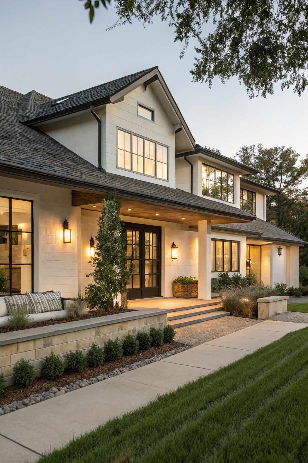 White shiplap-sided modern farmhouse ranch house exterior with black-framed windows, covered wood-beamed entry porch, black front door, stone accents, low landscaping, and concrete walkway at dusk.