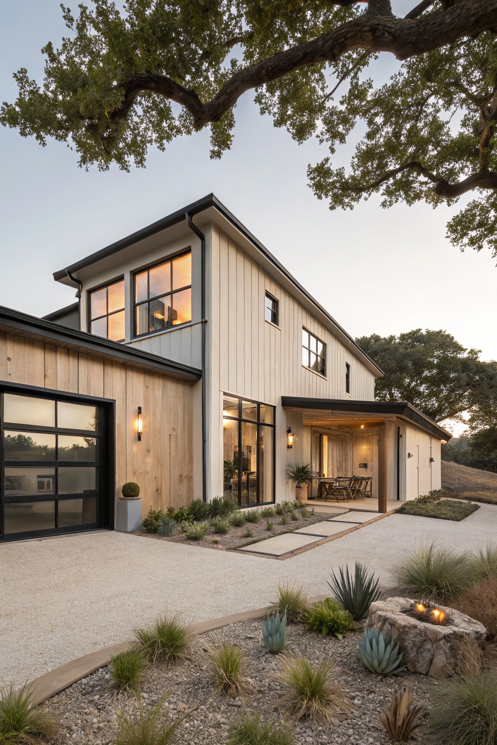Modern farmhouse ranch house exterior featuring wood siding on the garage wing, white vertical board-and-batten siding on the upper structure, large glass garage door, gravel driveway, drought-tolerant landscaping with agaves and grasses, stone fire pit, and oak trees overhead at dusk.