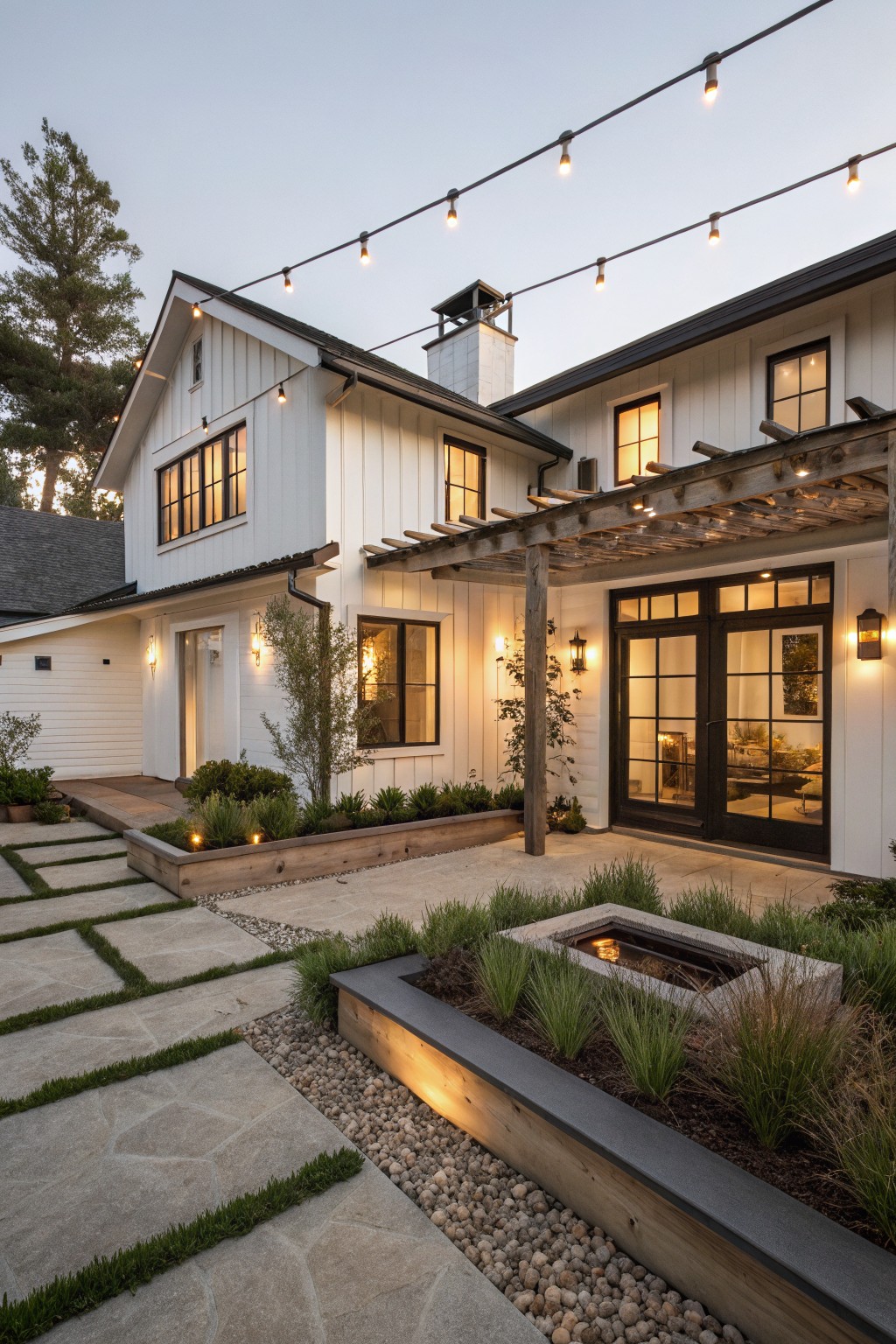 White board-and-batten sided modern farmhouse house exterior at dusk with rustic wood pergola over black-framed patio doors, string lights overhead, raised planting beds, stone pavers, and a linear gas fire pit in the foreground.