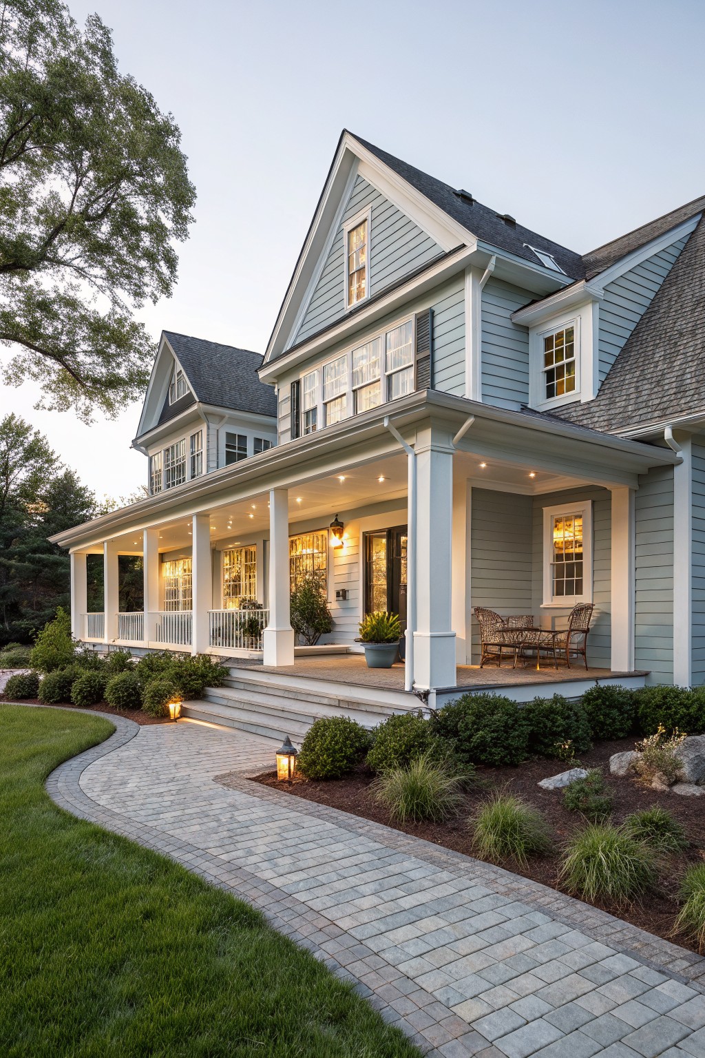 Light blue clapboard-sided house with white wraparound porch supported by columns, gabled dark shingled roof, front steps, wicker furniture on porch, curved paver pathway, and landscaped yard with shrubs and trees at dusk.