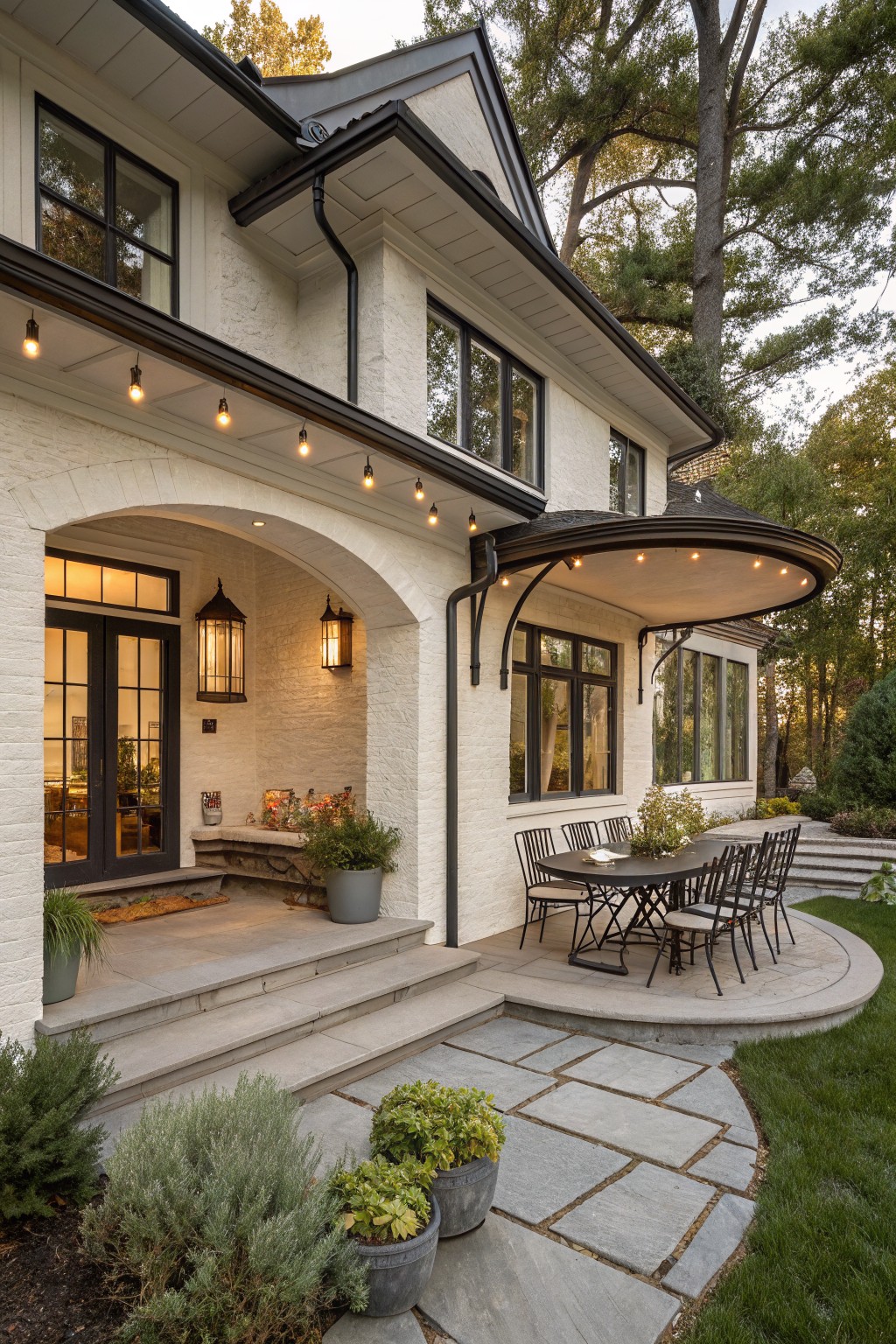Side view of a two-story white brick house with black-framed windows, an arched entry porch under a curved black metal awning, string lights, lanterns, steps, potted plants, and an adjacent curved stone patio with black metal outdoor dining table and chairs surrounded by trees and lawn.