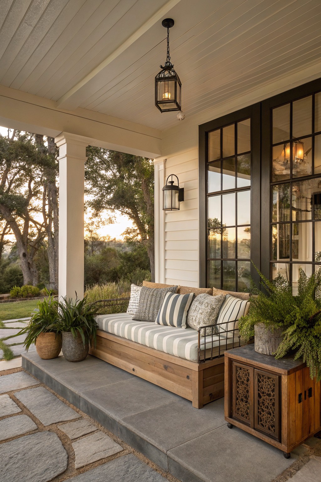 Wooden bench with striped and patterned cushions on a covered porch step, potted ferns on either side, small wooden side table nearby, large black-framed windows and doors, oak trees and landscape in background at sunset.
